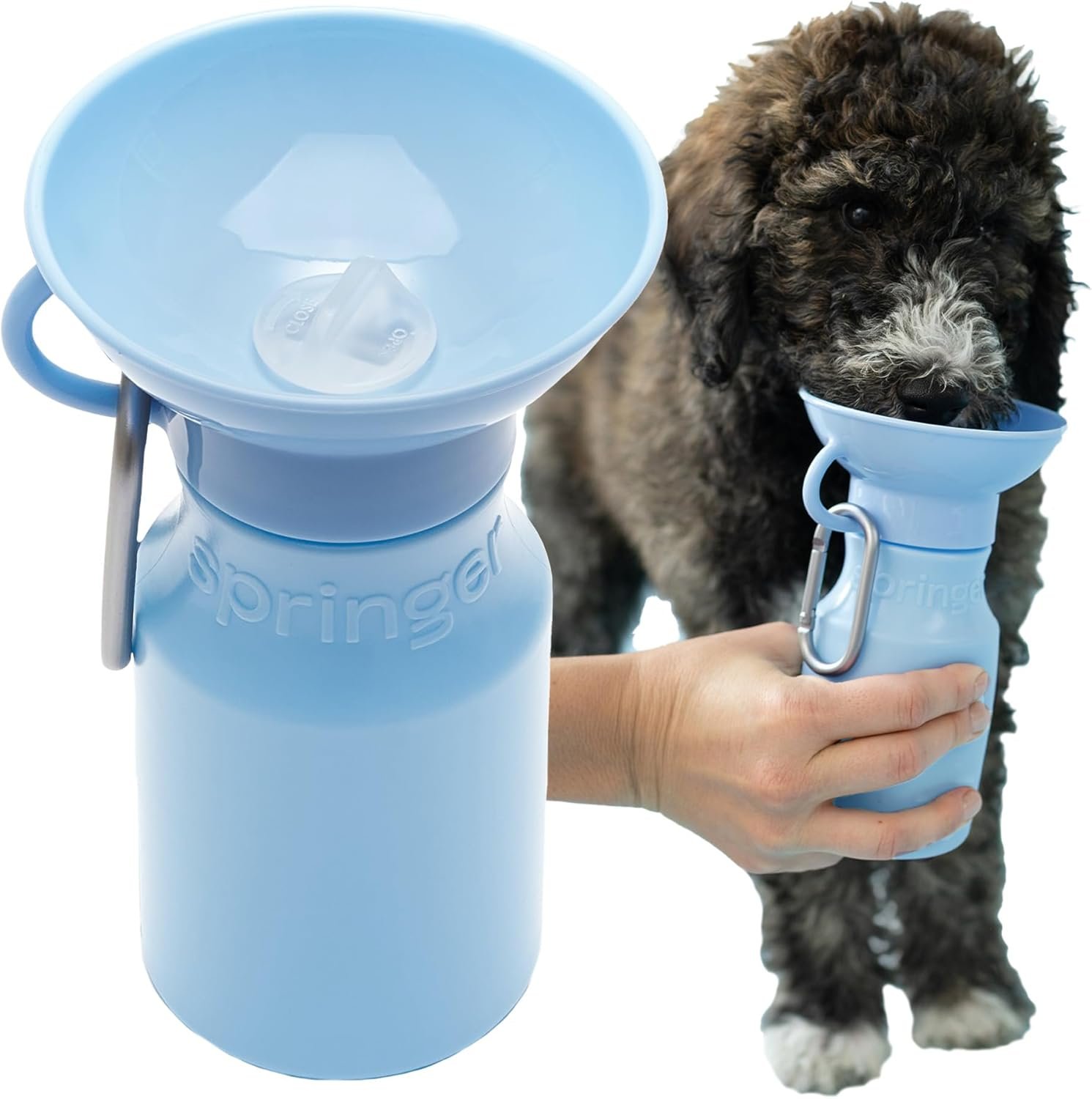 Springland 15oz Classic Portable Dog Water Bottle with Built-in Bowl, Blue | Leak-proof, BPA-free, one-hand squeeze, for travel & hiking, fits car cup holders, great dog gift, as seen on Shark Tank
