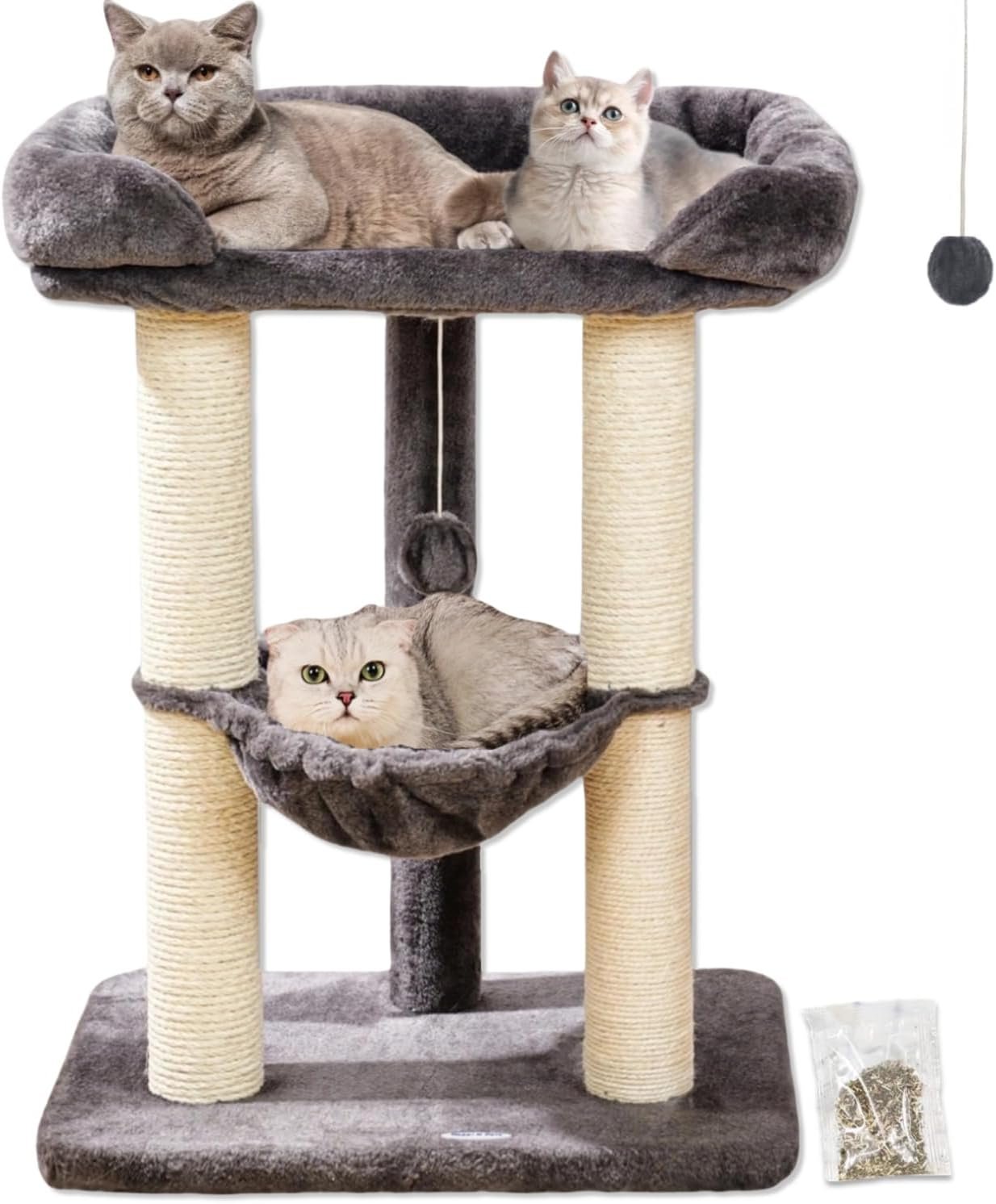 28″ Cat Tree, Large Bed for Big Cats, Small Cat Tower with Soft Perch for Window Viewing, Stable Cat Tree Tower, Cat Scratching Post with Hammock, Removable Cover-Gray