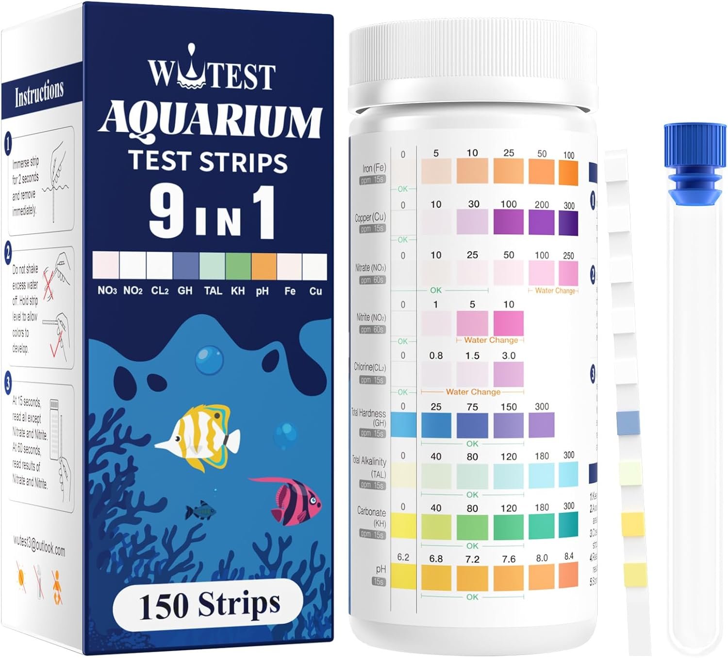 9 in 1 Aquarium Test Strips 150 Aquarium Test Kit Fish Tank Test Kit | Quick & Accurate Aquarium Water Testing Strips for pH, Alkalinity, Hardness, Chlorine, Iron, Copper, Nitrate, etc.