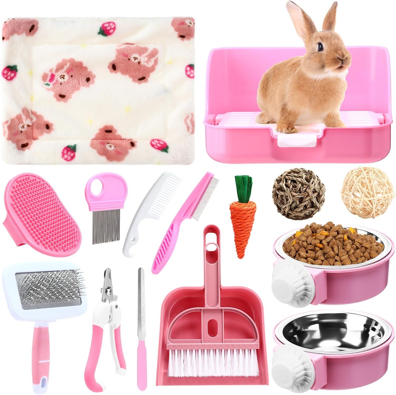 Reallnaive 15 Pcs Rabbit Starter Kit Small Rabbit Litter Box Girls Gift Animal Grooming Kit Bunny Toys Bowl Blankets with Cleaning Set for Guinea Pig Accessories(Pink)