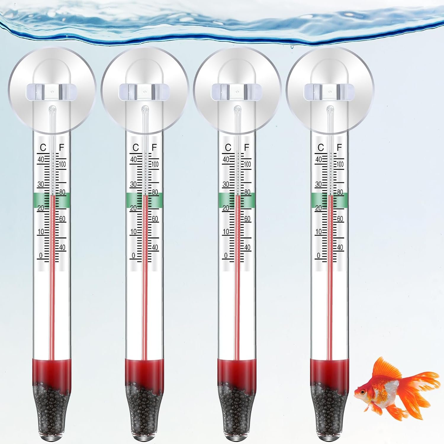 Dreyoo 4 Pack Floating Aquarium Thermometers, 0-43°C/32-110°F | with Suction Cup, Glass Material, Mercury Free Large Standing Thermometer for Freshwater and Saltwater Fish