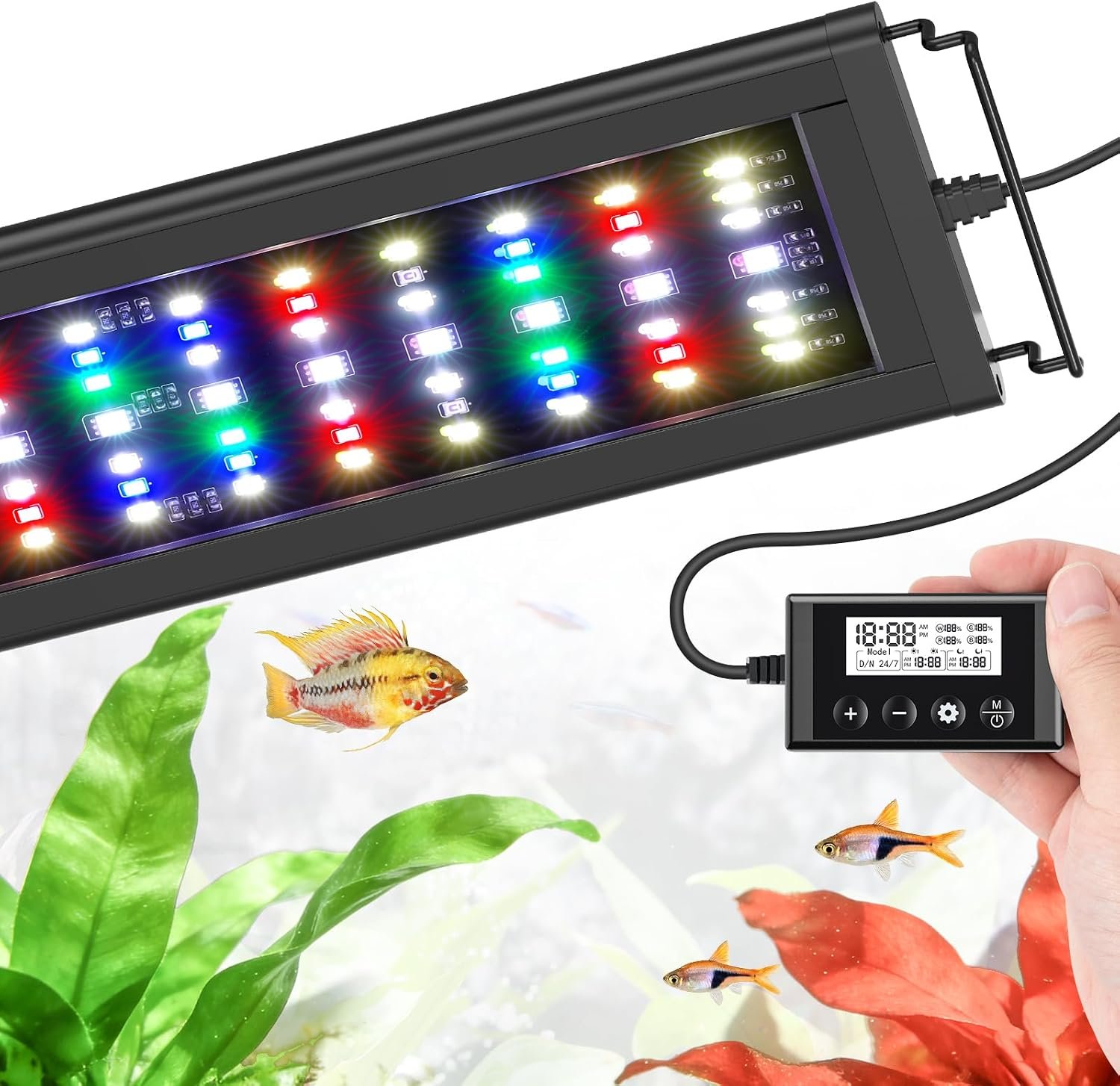 LED Aquarium Light Full Spectrum Fish Tank Light with RGB Brightness/Color Stepless Adjustment, 24/7 Day-Night Cycle Mode, Auto On/Off Timer, IP68 Waterproof (18W for 18” – 24” Tank)