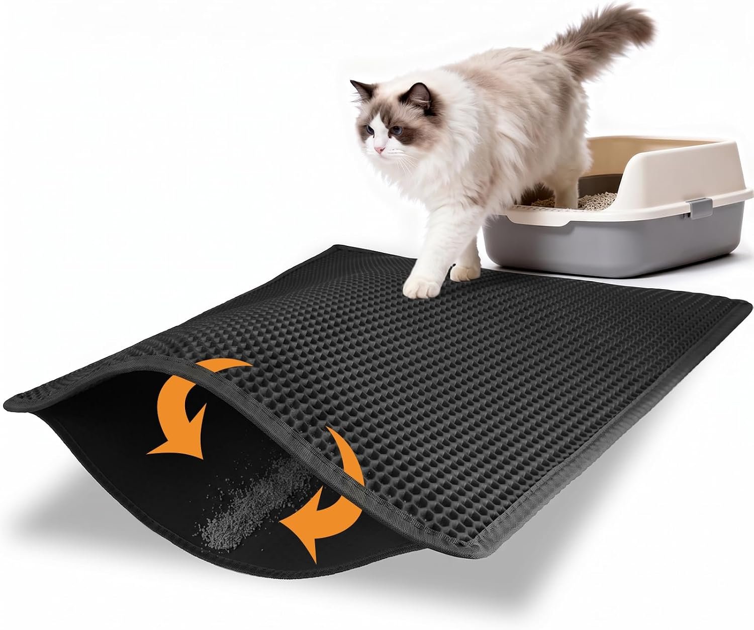 Pieviev Kitty Litter Mat, Double-Layer Waterproof Design, 30″ x 24″ Black | Honeycomb Litter Box Mat Catches Scattered Particles to Stop Tracking, Urineproof Base protects Floors, Easy to Clean
