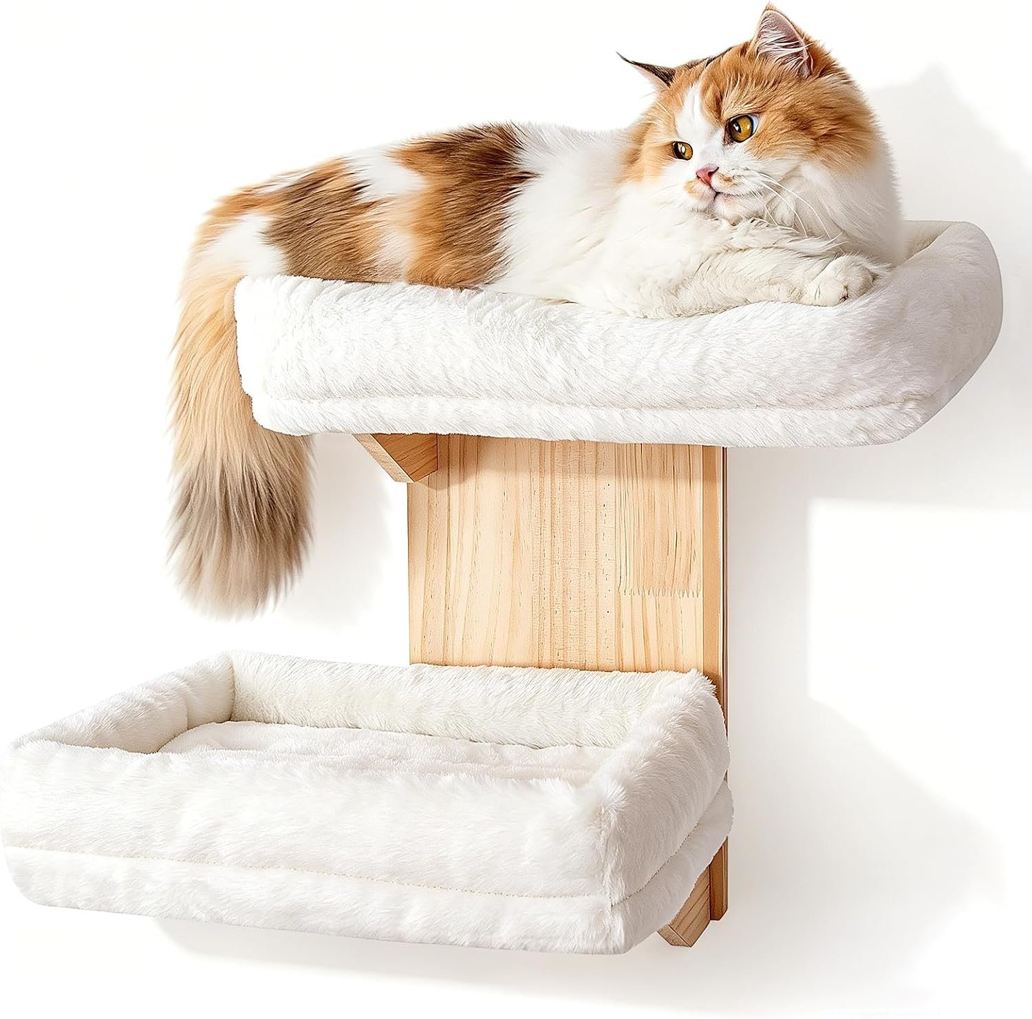Cat Wall Shelves, 2 Platform Cats Walls Furniture, Tree Shape Kitten Floating Shelf with Soft Cushion Perch, Solid Pine Wood, Suitable for Climb, Play, Nap