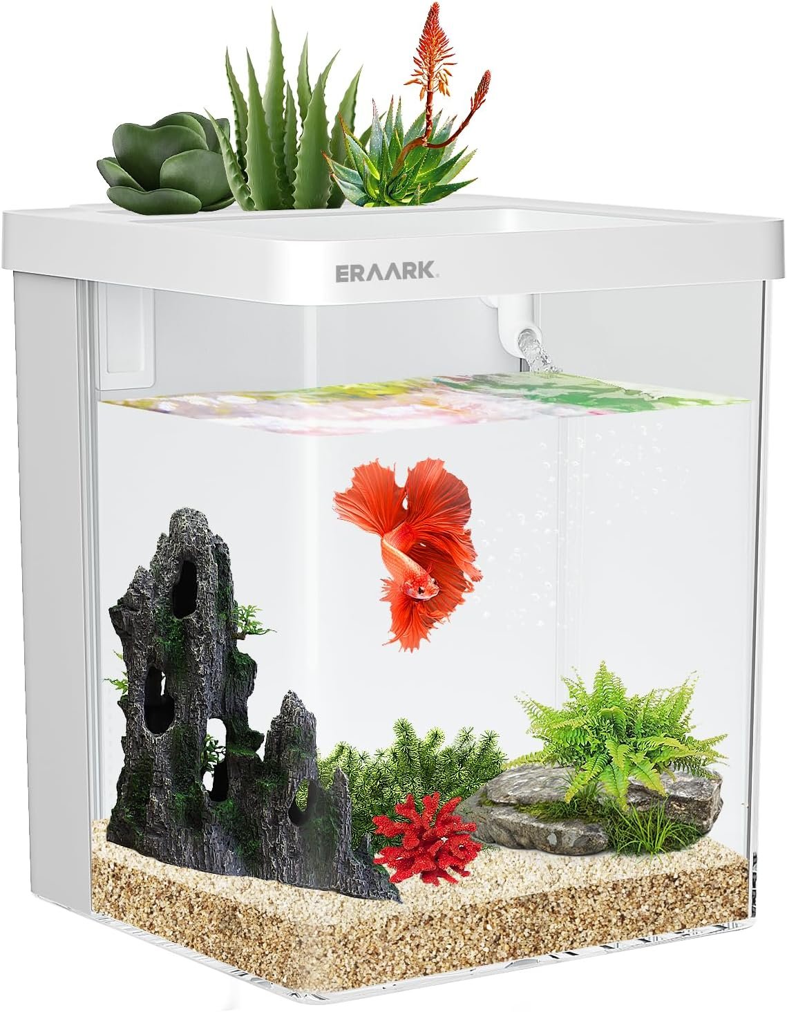 ERAARK Smart Betta Fish Tank 1.5 Gallon Aquarium with Filter LED Light, Water Pump, Fish Bowl (White)