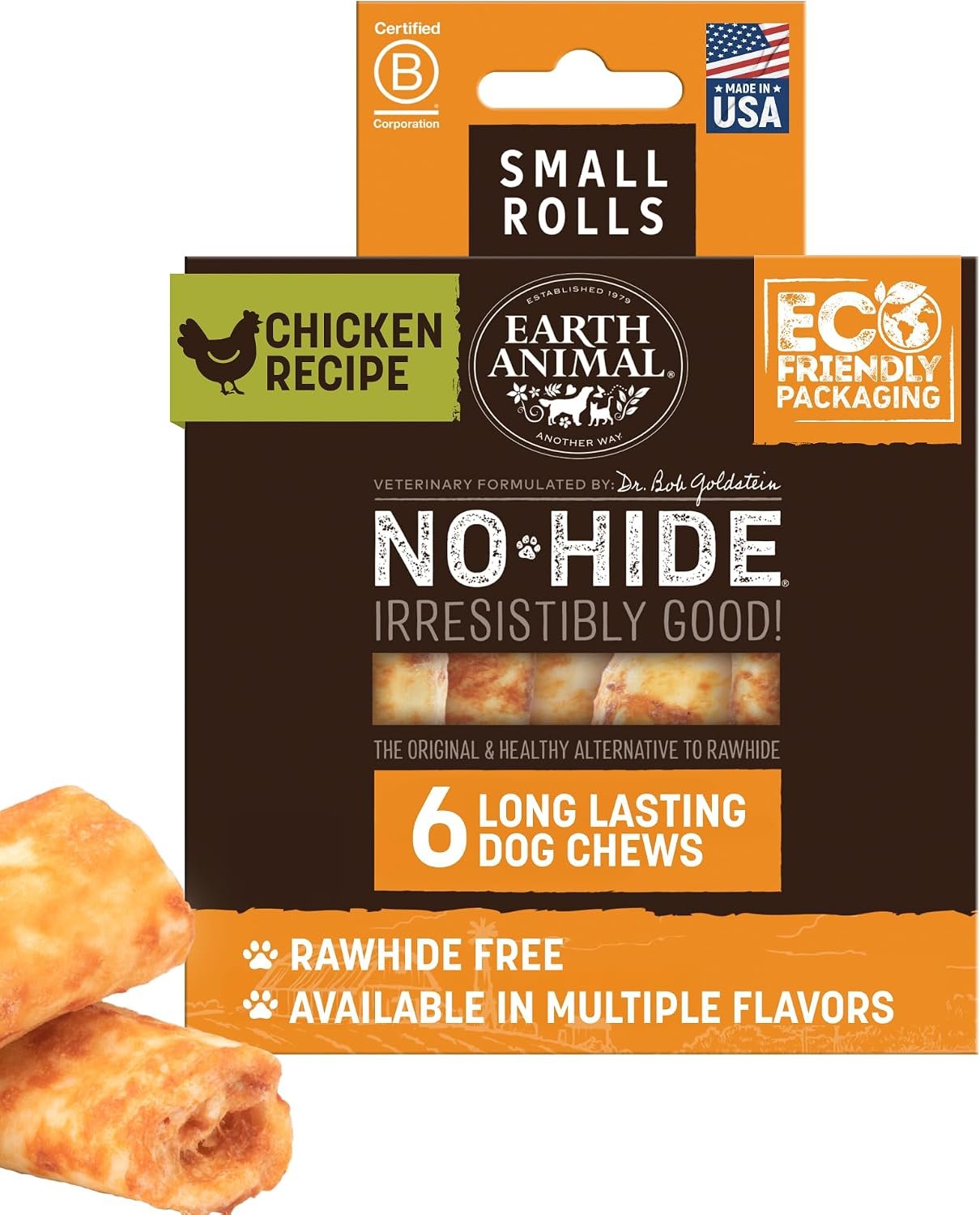 Earth Animal No Hide Dog Chews – Rawhide Free Small Rolls 6 Count Chicken | Small Rolls Chicken Flavored Natural Rawhide Free Long Lasting Dog Chews – Pet Treats for Small Dogs