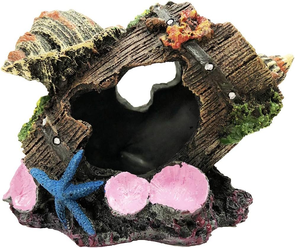 SLOCME Aquarium Broken Barrel with Conch Decorations – Betta Cave Hideout Fish Tank Barrel Ornament