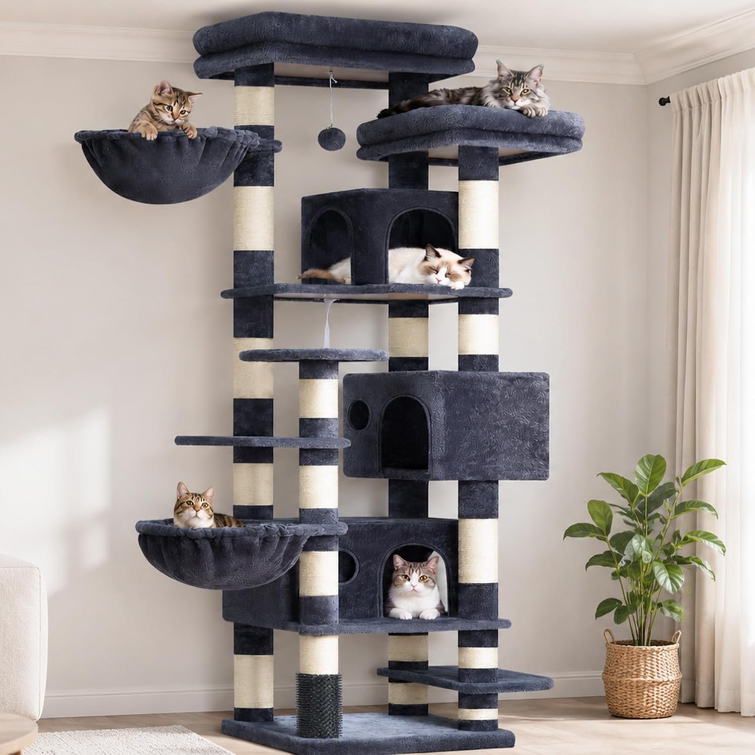Hey-brother Cat Tree, Multi-Level Tower with 3 Condos, Hairbrush, MPJ035-MG | 74 Inches XL Large Scratching Posts for Indoor Cats and Kittens, 2 Wide Platforms, 2 Plush Baskets, Toy Balls, Smoky Gray