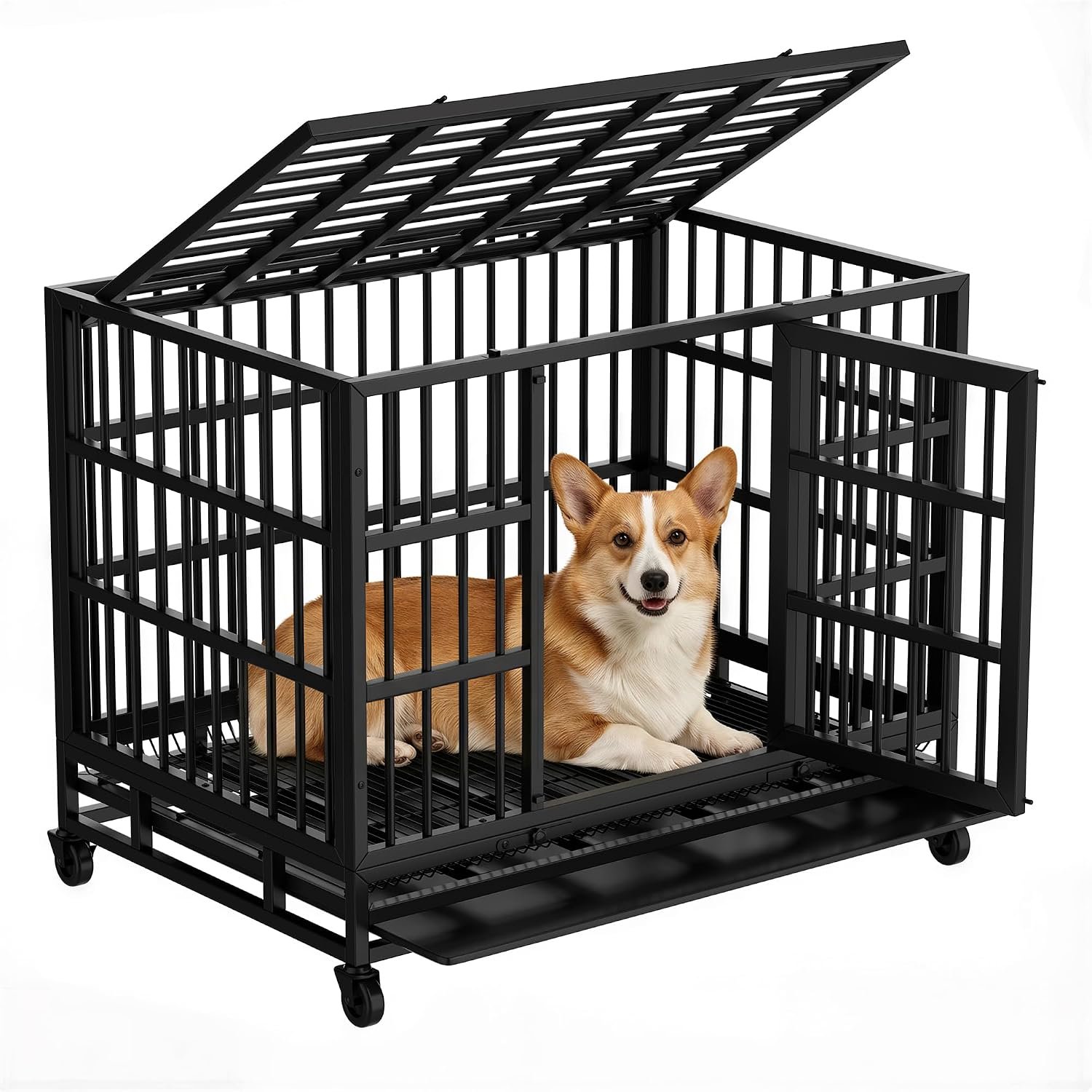 Shintenchi 38 inch Heavy Duty Crates for Large Dog, Indestructible and Escape-Proof Cage Kennel with Lockable Wheels, Double Door High Anxiety with Removable Tray, Black