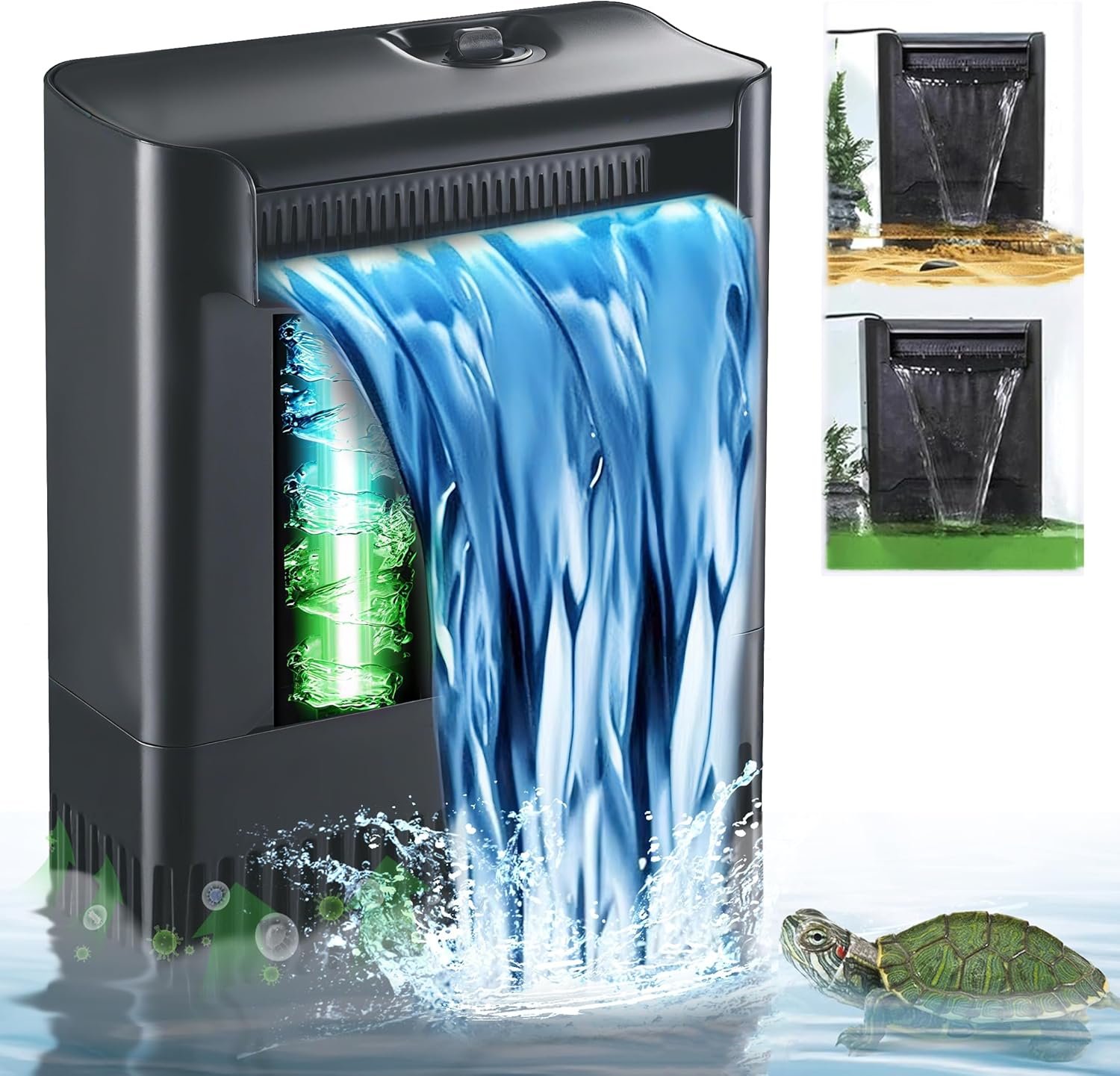 Turtle Tank Filter Aquarium Fish Filter w/U-V Light for Large 40-150 Gallon | 4-Stage Flow Adjustable Low Water Level Internal Deodorization Green Clean Machine Killing Saltwater Freshwater Crystal Clear
