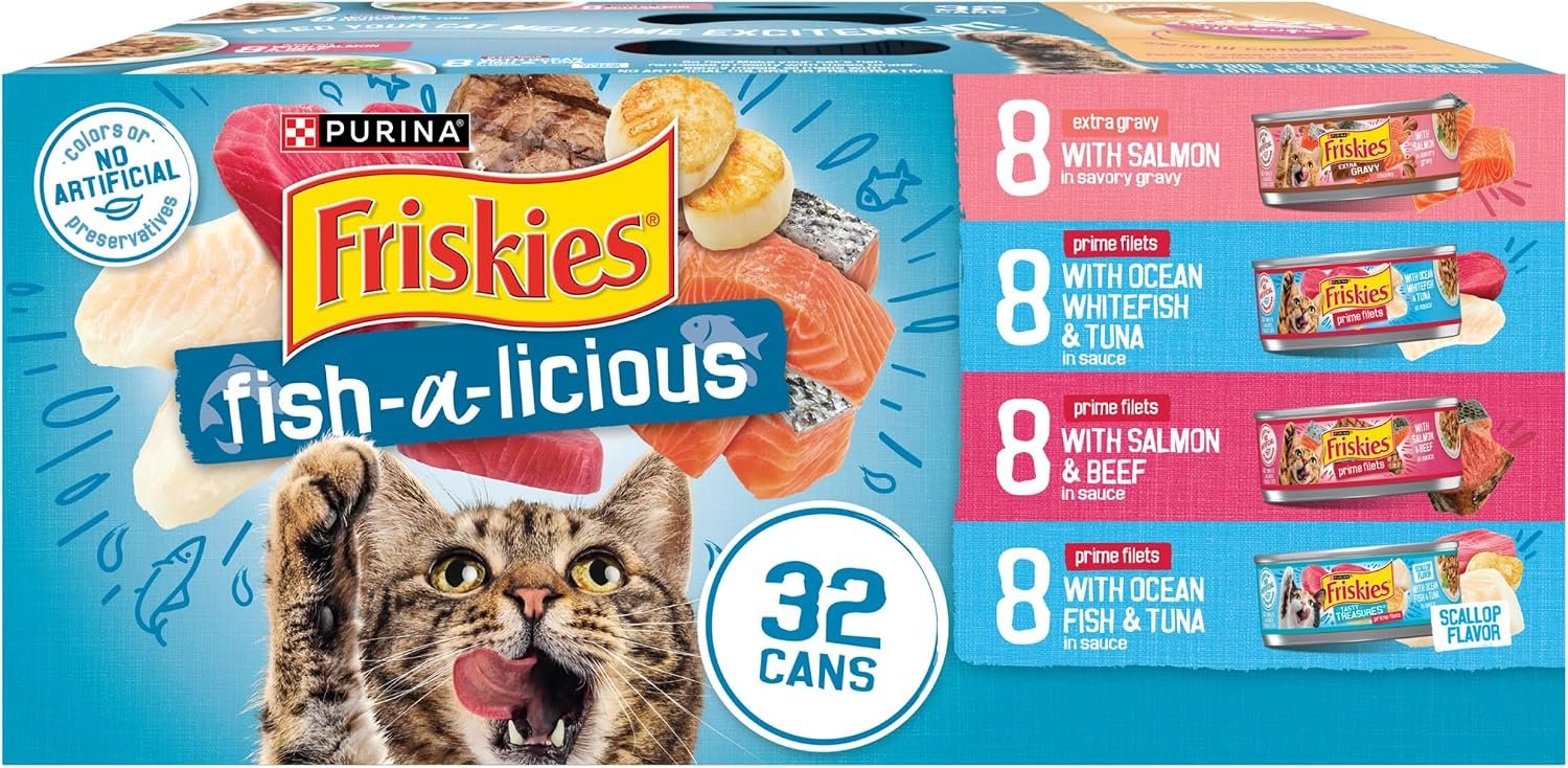 Purina Friskies Wet Cat Food Variety Pack Fish-A-Licious Extra Gravy, Prime Filets and Tasty Treasures – (Pack of 32) 5.5 oz. Cans
