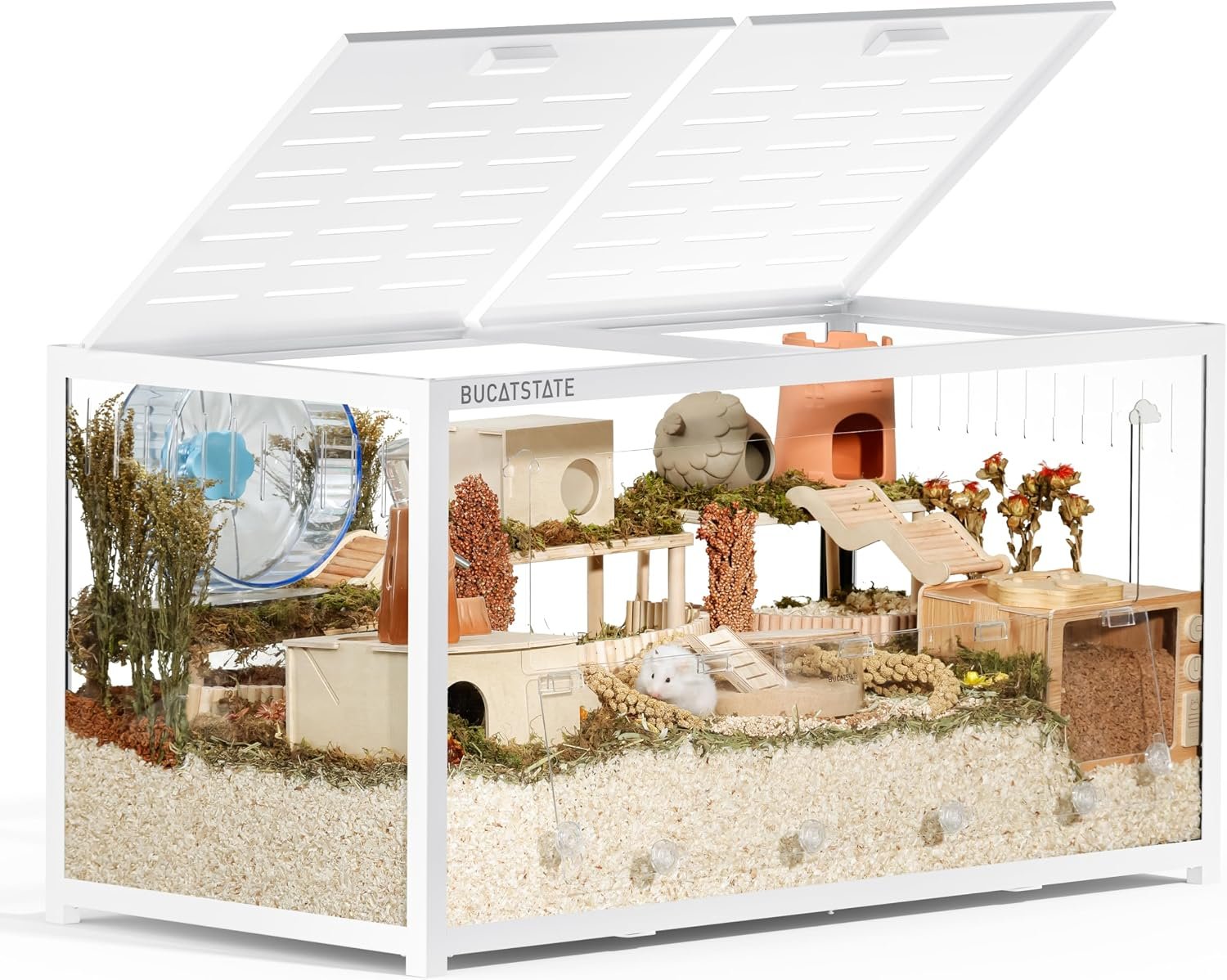 BUCATSTATE Hamster Cage 3.0, Large Hamster Enclosure (39in, White) | 5.4 ft² Small Animal Habitat with Deep Bedding Space for Hamster Enrichment, Stackable Aluminum Frame, Front & Top Access