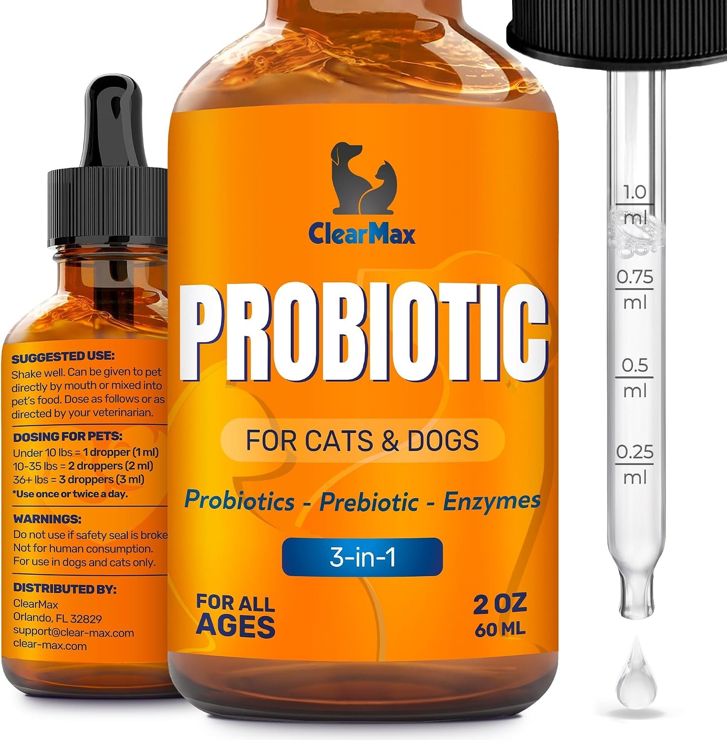 Liquid Probiotics for Dogs & Cats, 6 Billion CFU, Digestive Support, 2 Oz | Pet Probiotic Supplement With Digestive Enzymes For Dogs And Cats To Support Healthy Digestion