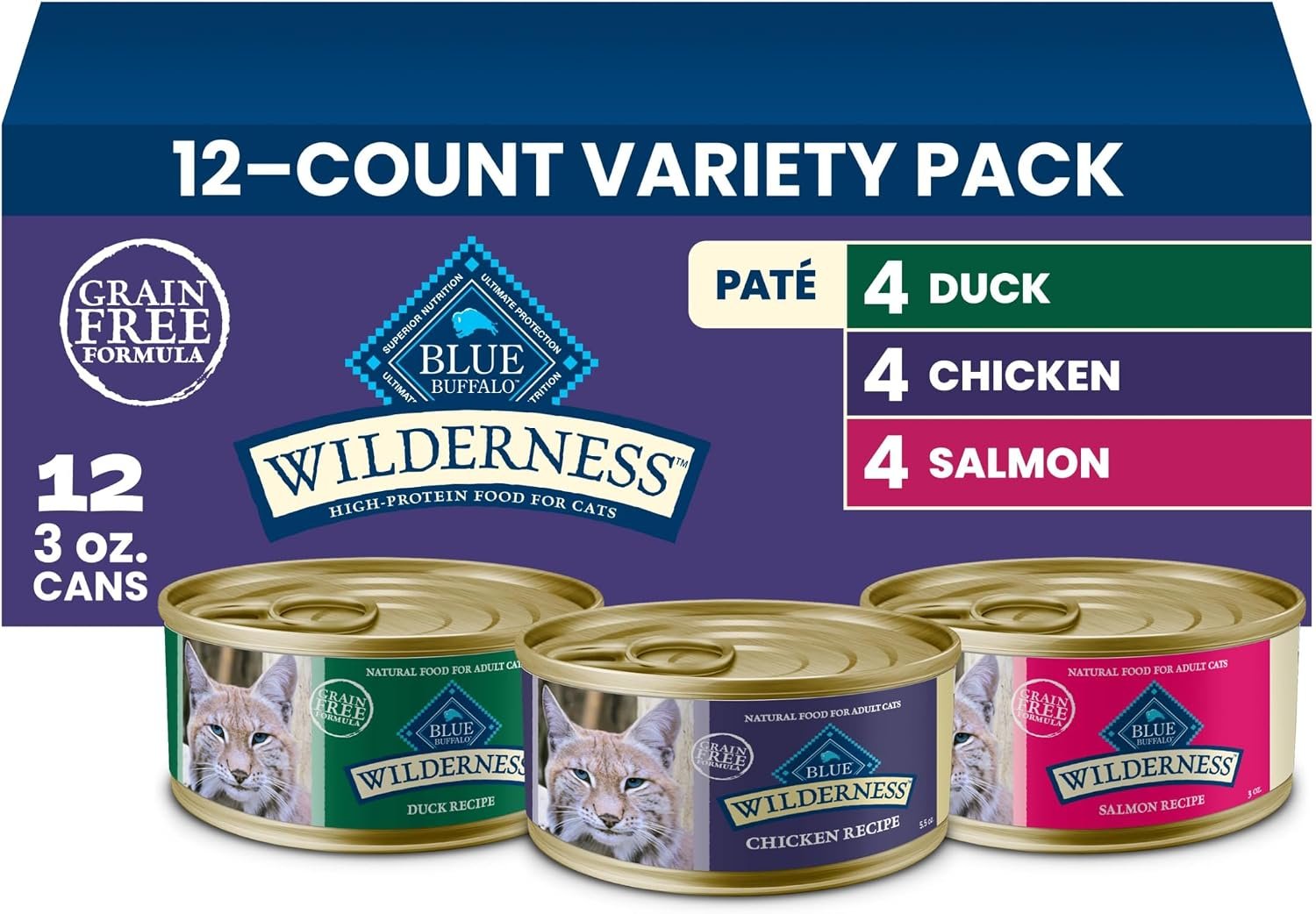 Blue Buffalo Wilderness Paté Variety Pack (Chicken, Salmon, and Duck) Adult Wet Cat Food, High-Protein & Grain-Free Recipes Enhanced with Vitamins, Minerals, and Other Nutrients, 3-oz. Each (12 Count)