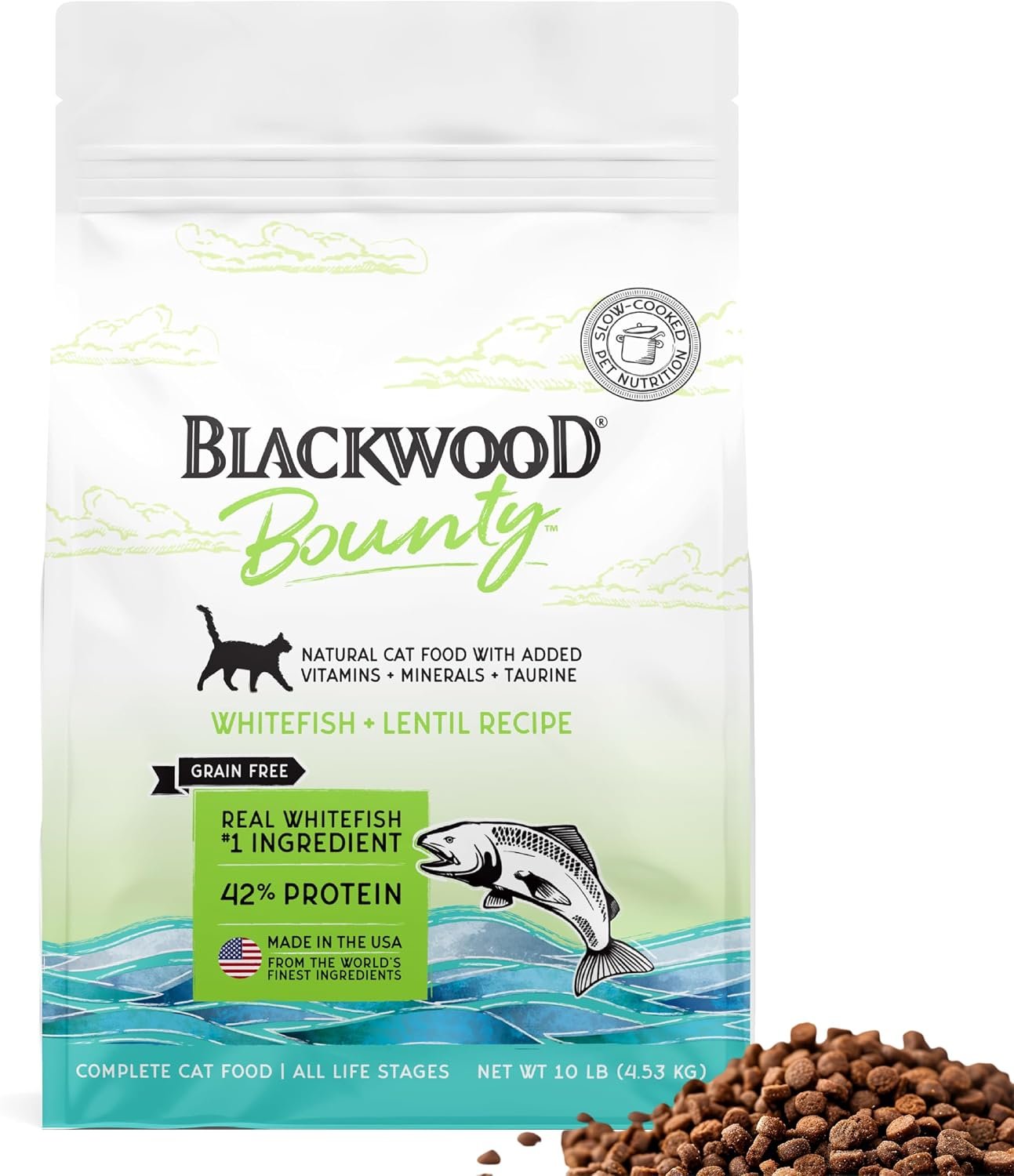 Blackwood Bounty Dry Cat Food, Whitefish & Lentil Recipe, 10 lb | Grain Free, Omega 3 & 6, and Cranberries for Gut, Skin and Urinary Health, Slow Cooked for Higher Nutrient Preservation