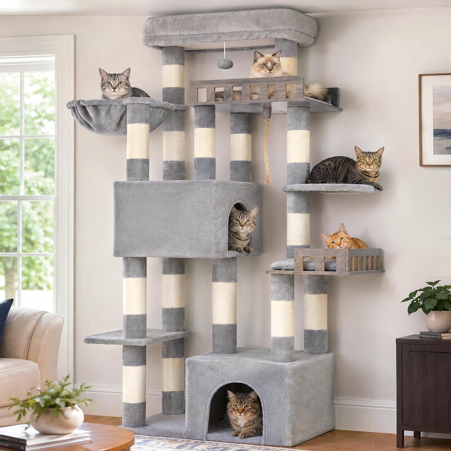 Maine Coon Cat Tree, Heavy Duty Cat Tower for 20 lbs+, GCT033W | 2 Large Condos, 15 Scratching Post, Big Top Perch, 2 Safe Railing Wooden Platform , Hammock, Indoor Cats Adult, Light Gray