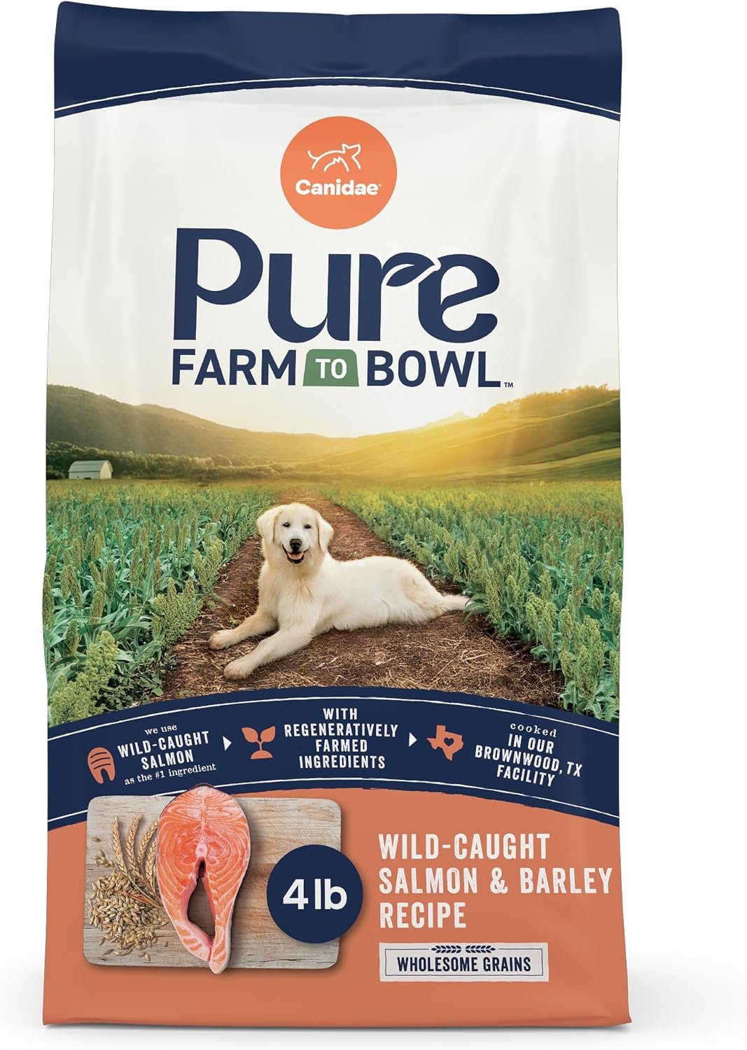 Canidae Pure Farm to Bowl Dry Dog Food – Balanced Nutrition for Adult Dogs – Limited Ingredient Formula – Wholesome Grains – 4 lb – Wild-Caught Salmon & Barley Recipe