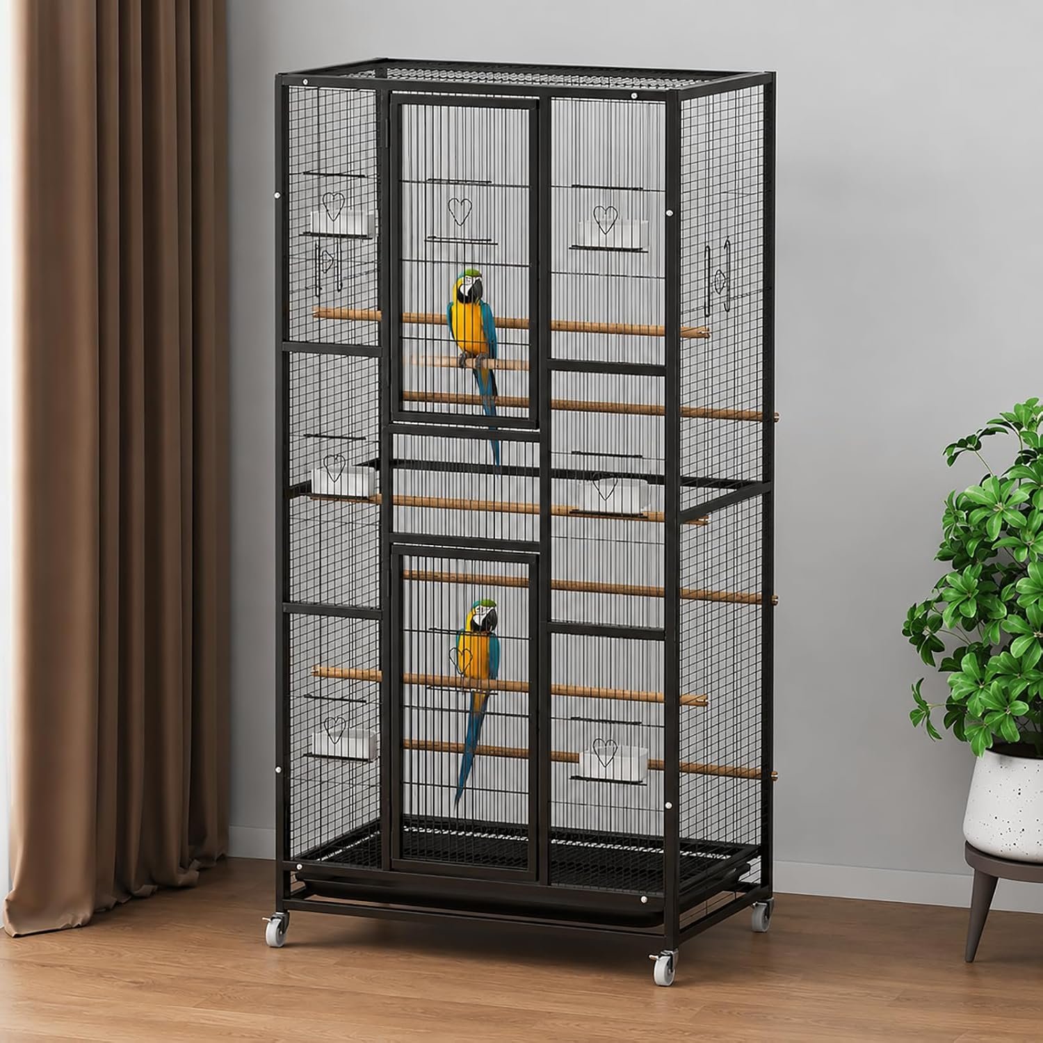 57.4″ Extra Large Bird Cage for Parrots, Flight Cage with Rolling Stand, 6 Perches, Feeding Cups, Removable Tray & Play Accessories, Metal Aviary Cage for Parakeets, Macaws, Cockatoos(Black)