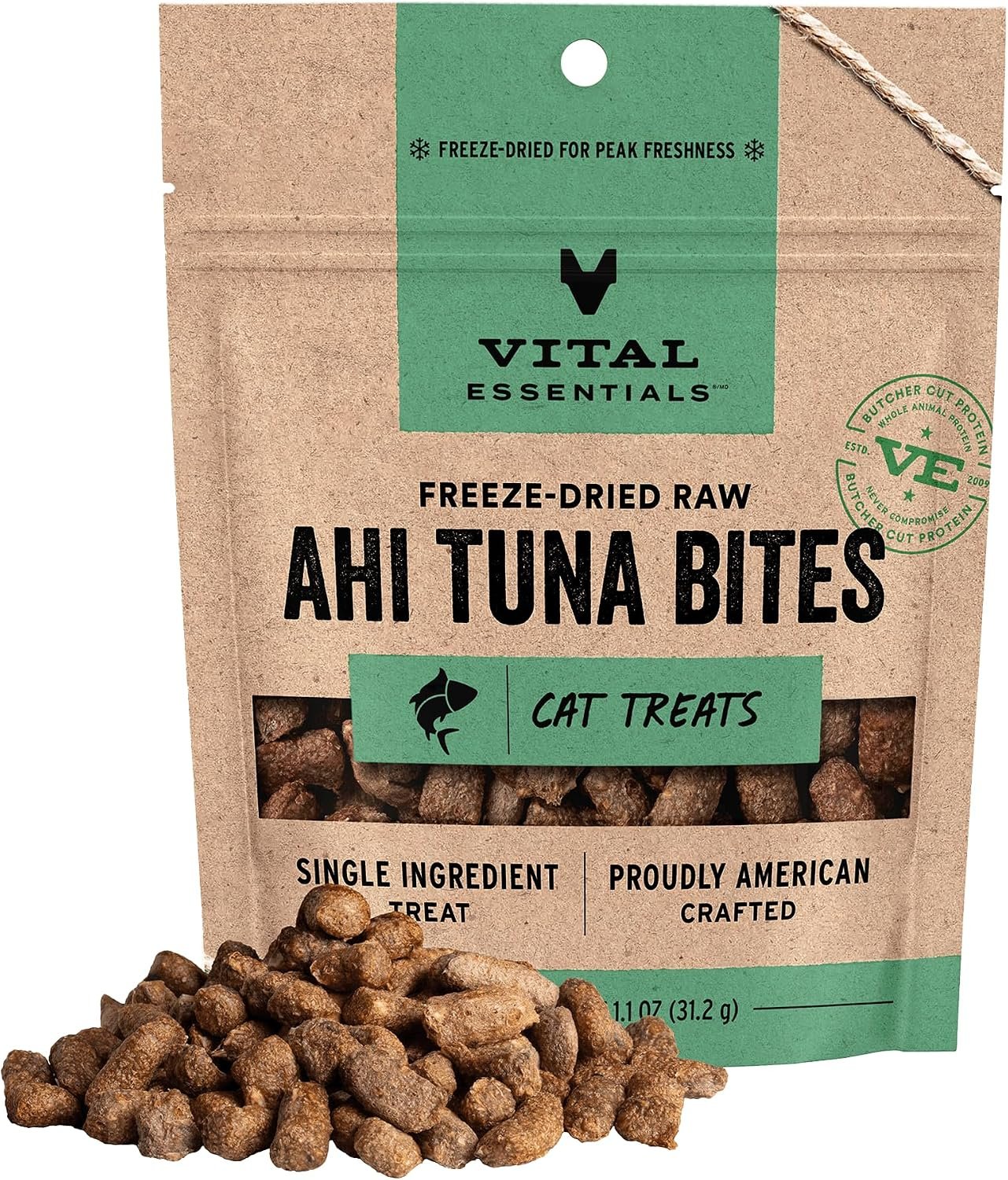 Vital Essentials Freeze Dried Cat Treats, Ahi Tuna Bites, 1.1 oz Bag | Crunchy, Single Protein, Premium Quality, Grain Free, USA Made with U.S. & Globally Sourced Ingredients