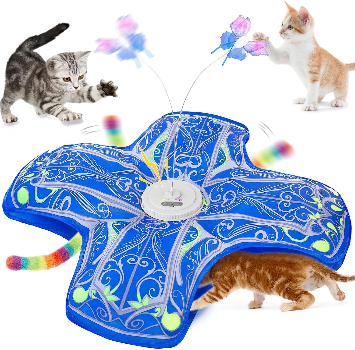 Interactive Cat Toys for Indoor Cats,Automatic Kitten Tunnel Toy | Rechargeable Touch Activated, Hide and Seek Design, Colorful Fluffy Tail & Butterfly, Cat Enrichment Toy for Bored Cats