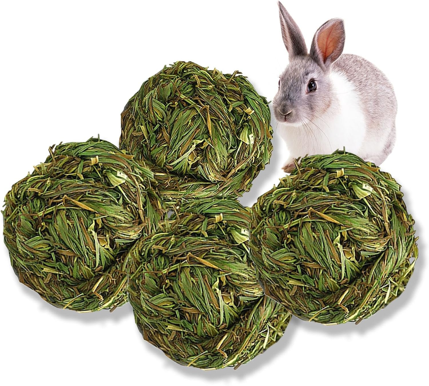 PINVNBY Hay Balls for Rabbits,4 PCS 100% Natural Timothy Hay Bunny Chew Toys Small Animal Teeth Grinding Activity Woven Play Ball for Rabbit,Guinea Pigs,Hamsters,Chinchillas