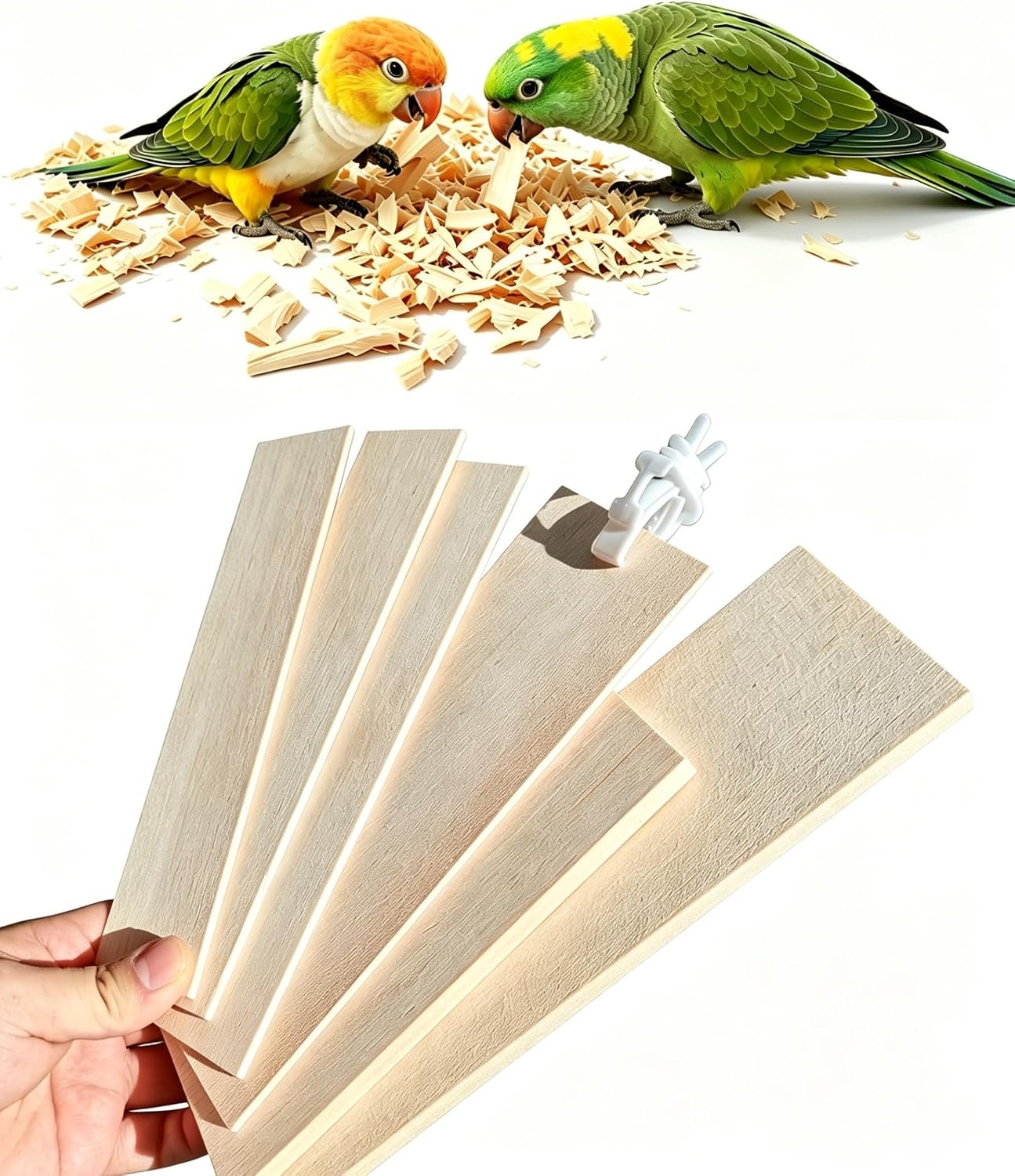 Parakeet Toys Untreated Balsa Wood 6 Pack with Mount Clip | For Conures, Cockatiels, Lovebirds & Small Medium Parrots，Bird Chew Toys，Multi-Size Wood Perch Stimulating Foraging Play