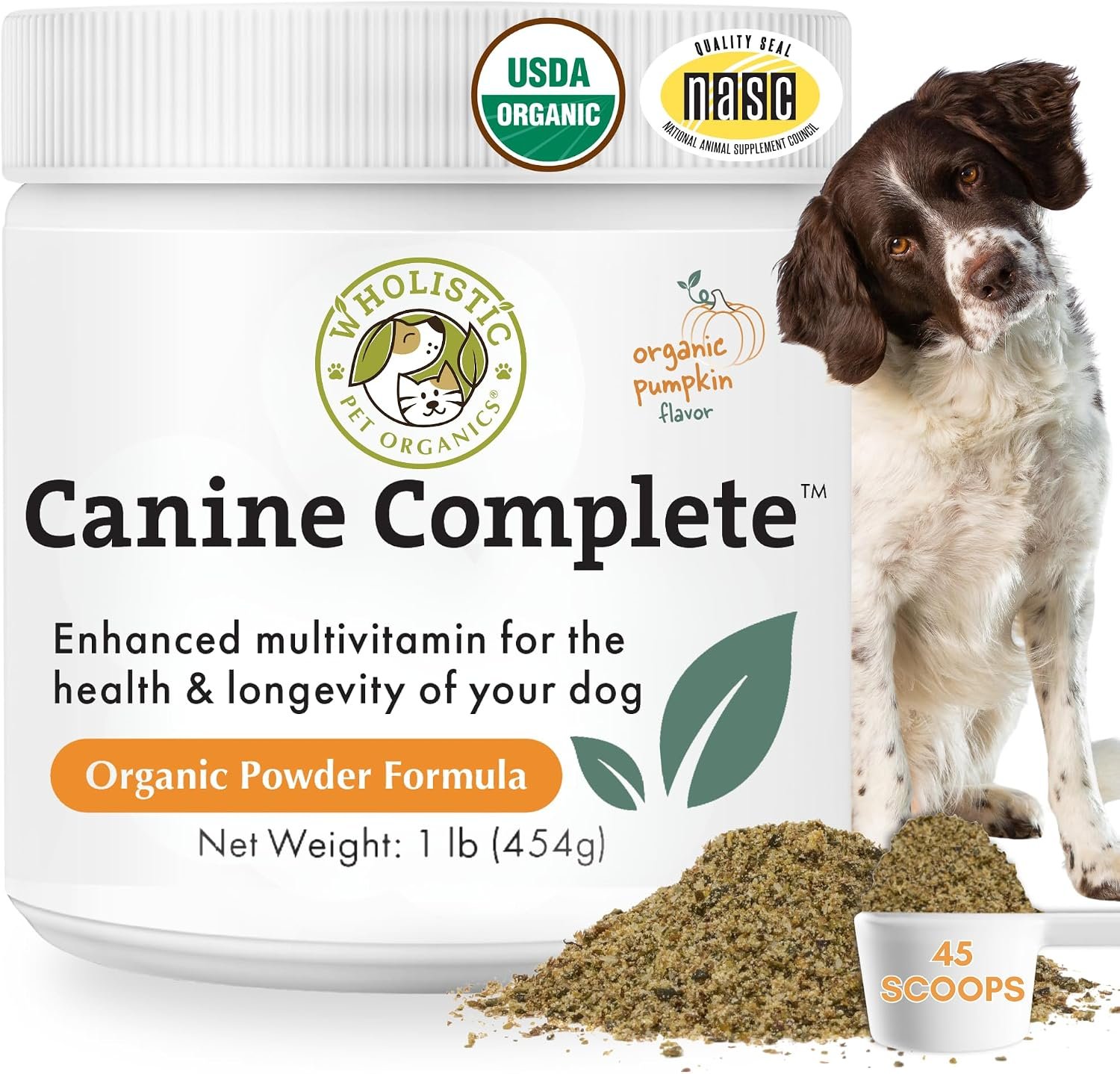 Organic Dog Vitamins with Organic Pumpkin Protein | 1 Lb | 45 Scoops | Daily Dog Multivitamin with Prebiotics, Probiotics for Immune Support, Skin Coat, Digestion, Stool Quality | Canine Complete
