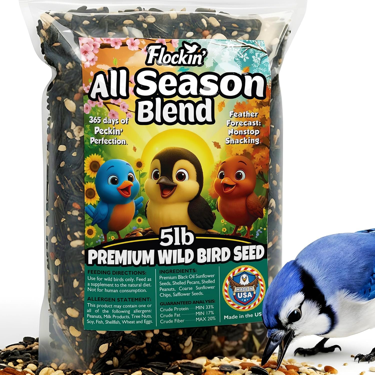 All Year Round Bird Wild Bird Seed, Sunflower Seeds, Chips & Peanuts, 5lb | Premium Wild Bird Seed Blend, Attracts Various Wild Birds to Backyard Feeders, No Fillers, All Natural Ingredients, USA Made