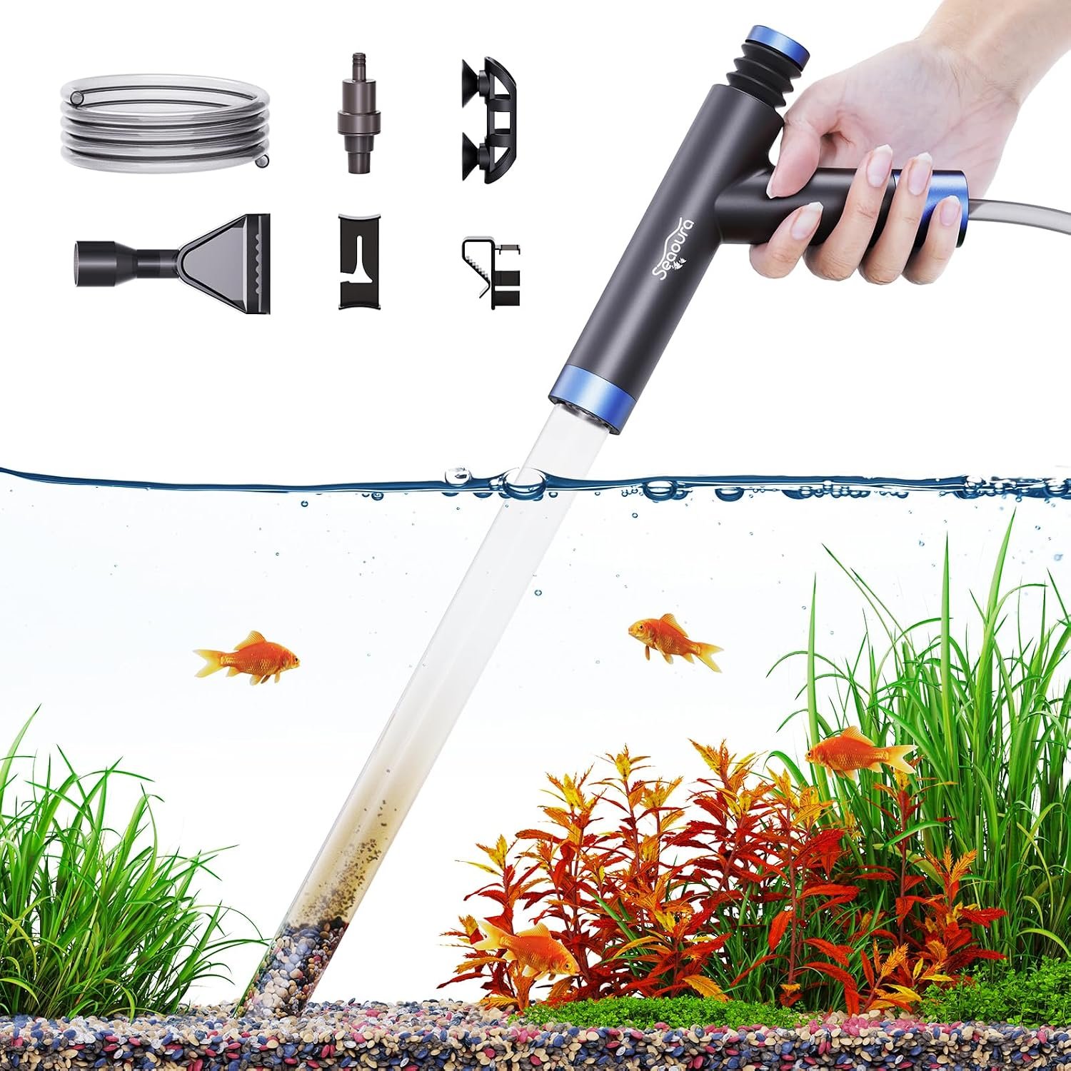 SEAOURA Gravel Vacuum for Aquarium Siphon, Fish Tank Vacuum Cleaning Kit | Manual Water Changer with Air Push Button, Aquariums Sand Suction Set, for Goldfish Betta Poop Sucker Manure Wash Sand