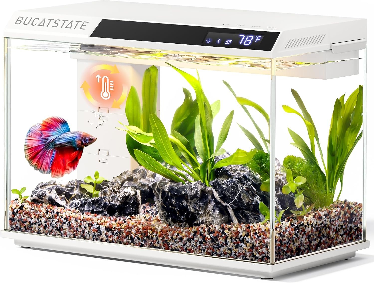 BUCATSTATE 2.6 Gallon Small Fish Tank, 3 Stage Filtration Aquarium (White) | Independent Waste Compartment Aquarium, Quiet 3 in 1 Pump, Real-Time Temp Display, 8-Mode LED Light, Multi Safety Protection