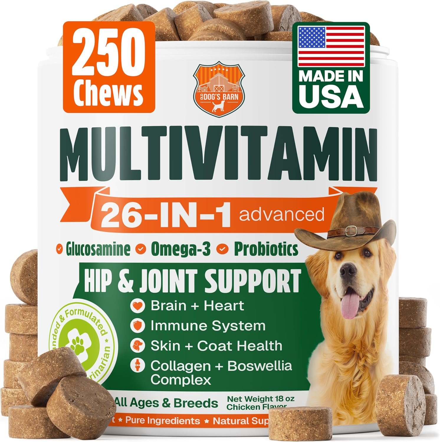 Dog Vitamins and Supplements 250 Chews – 26 in 1 Dog Multivitamin Soft Chews with Glucosamine, Chondroitin, Probiotics, Omega 3 – Hip & Joint, Skin & Coat, Immune Support – Chicken Flavor