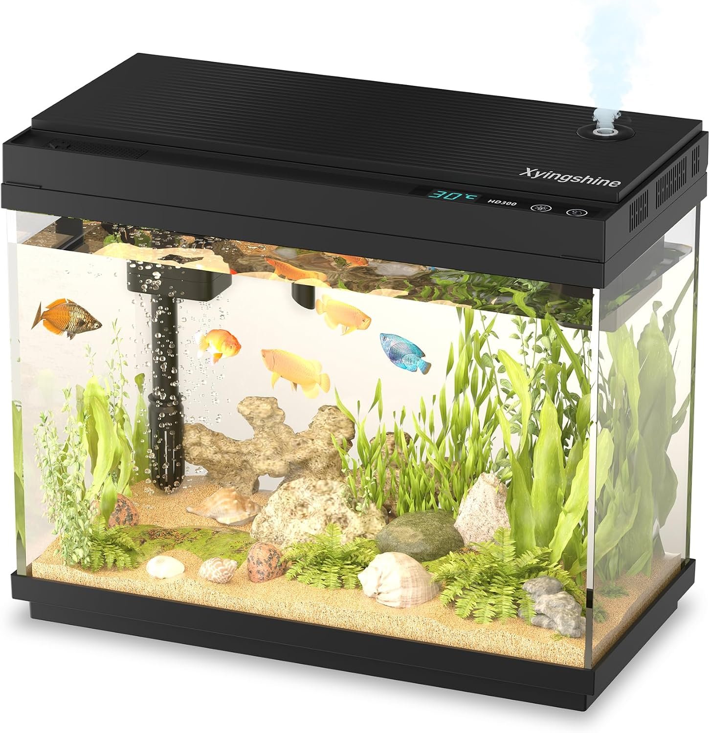 2.5 Gal Fish Tank Starter Kit, Smart Self-Cleaning Desk Aquarium | 2.5 gal kit with quiet 3-in-1 pump, triple filtration, LCD touch, 7-color LED, mist, ultra-clear glass for desks and offices