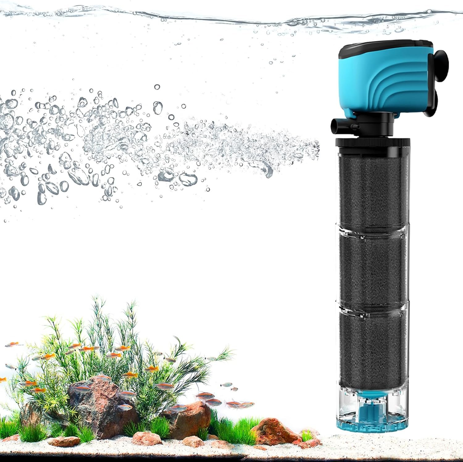 Submersible Aquarium Filter, Upgraded 100-300 Gallon Fish Tank Filter with Fish Guard, Internal Whisper Pump for Turtle Tank, Debris Tray, Check Valve, Fresh/Saltwater, 15-Inch