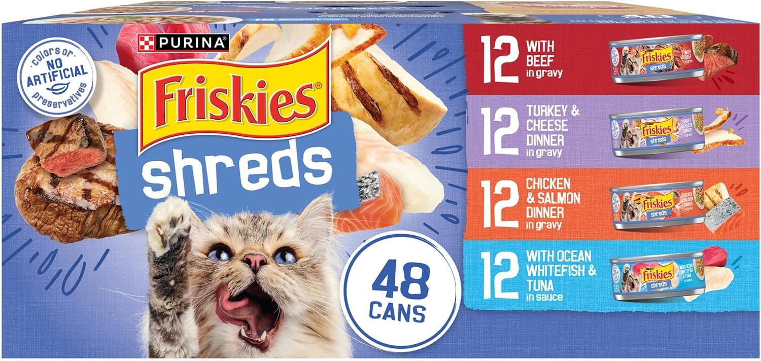 Purina Friskies Wet Cat Food Variety Pack, Shreds, 48 ct Cans | Beef, turkey & cheese, chicken & salmon, ocean whitefish and tuna recipes in savory gravy. Made without any preservatives.