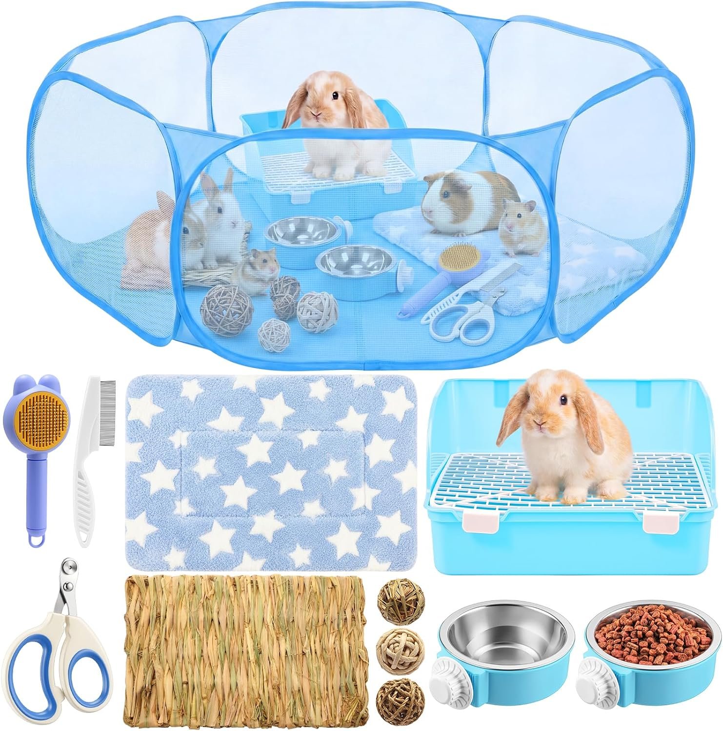 12 Pcs Rabbit Starter Kit, Foldable Animals Playpen with Pad Rabbit Litter Box Bowl Blankets Bunny Toys and Animal Grooming Kit for Outdoor Indoor Guinea Pig Bunny Accessories(Blue)