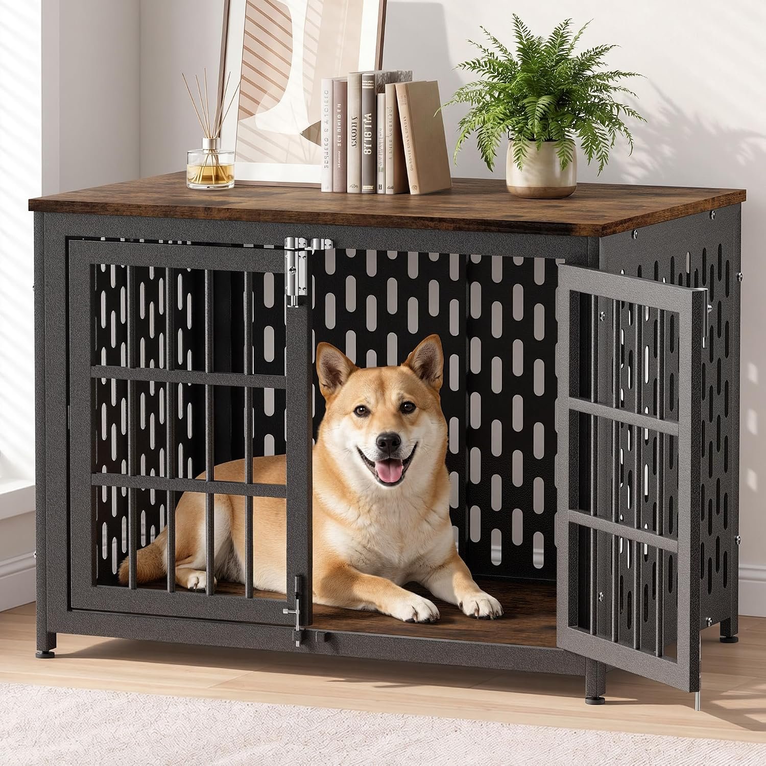Indestructible 38 Inch Dog Crate Chew Proof Indoor Kennel, 4 Strong Locks | Double Doors With Rustproof Metal Panels, Aged Black Decor Finish, Space-Saving Ventilated Furniture Cage For Large Dogs