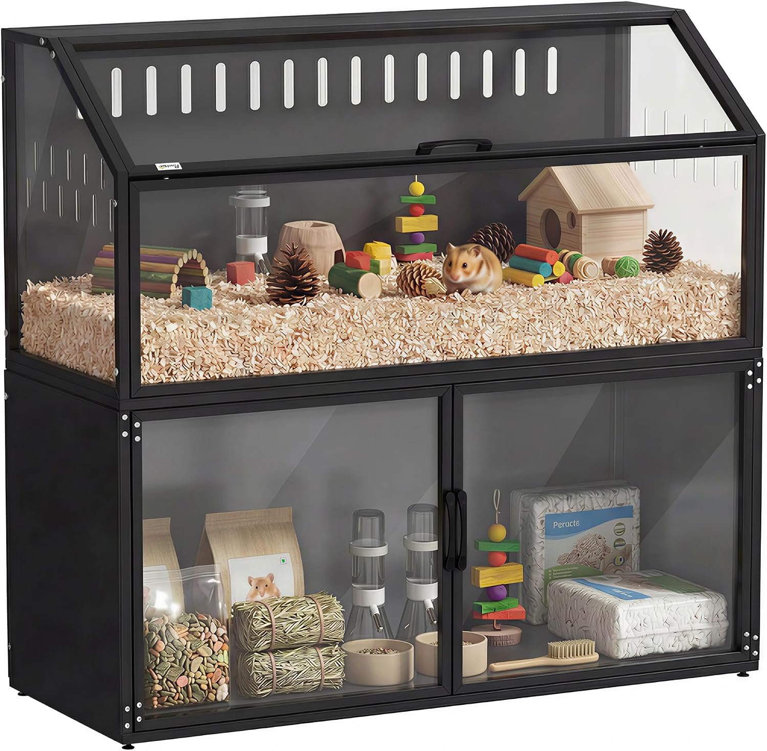 PawHut Hamster Cage with Storage Cabinet for Rat 41″ x 16″ x 40″ H Black | Small Animal Cage, Easy-View Acrylic Panels, Openable Top, Large Guinea Pig Habitat, for Hedgehog, Gerbil
