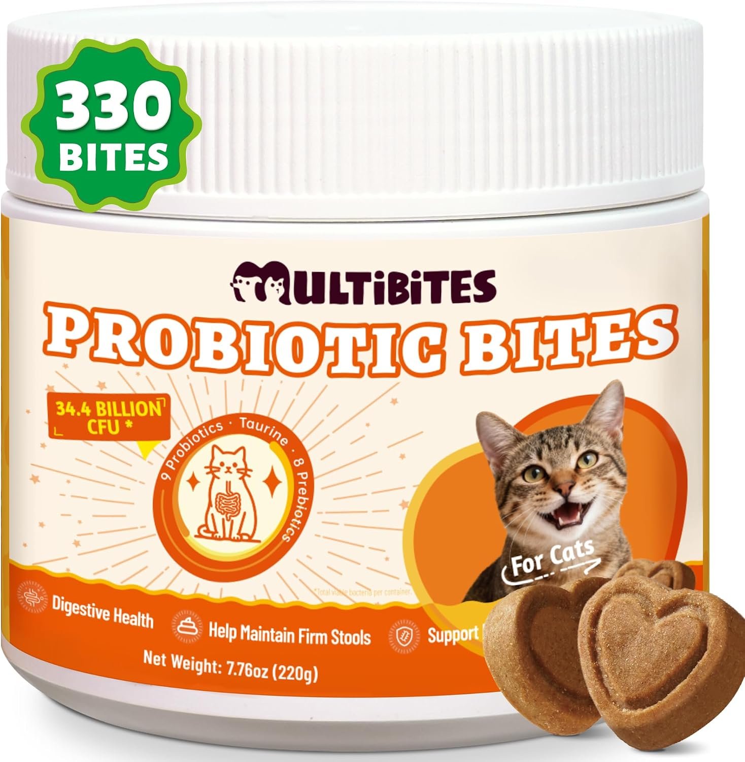 330 Bites Probiotics for Cats – Digestive Support for Cats with 9 Probiotic Strains & Prebiotics – Helps Firm Up Stool, Taurine Supports Immunity & Heart Health for All Life Stages 7.76 oz