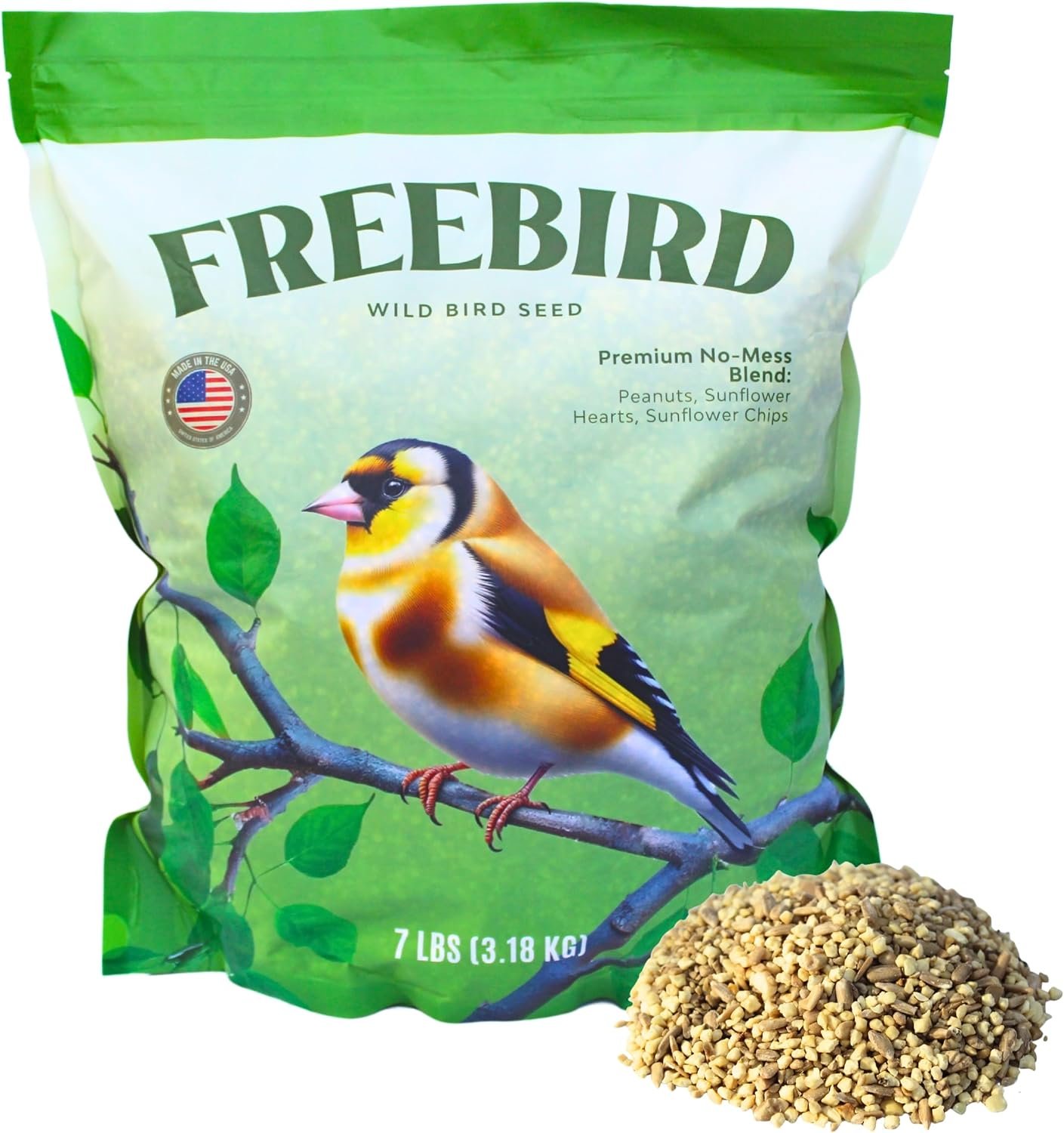 Freebird Premium No Mess Bird Seed for Outdoor Feeders – 7 lb | Shell-free blend with sunflower hearts and peanut pieces for less waste and cleaner feeders. Premium no-mess wild bird food.