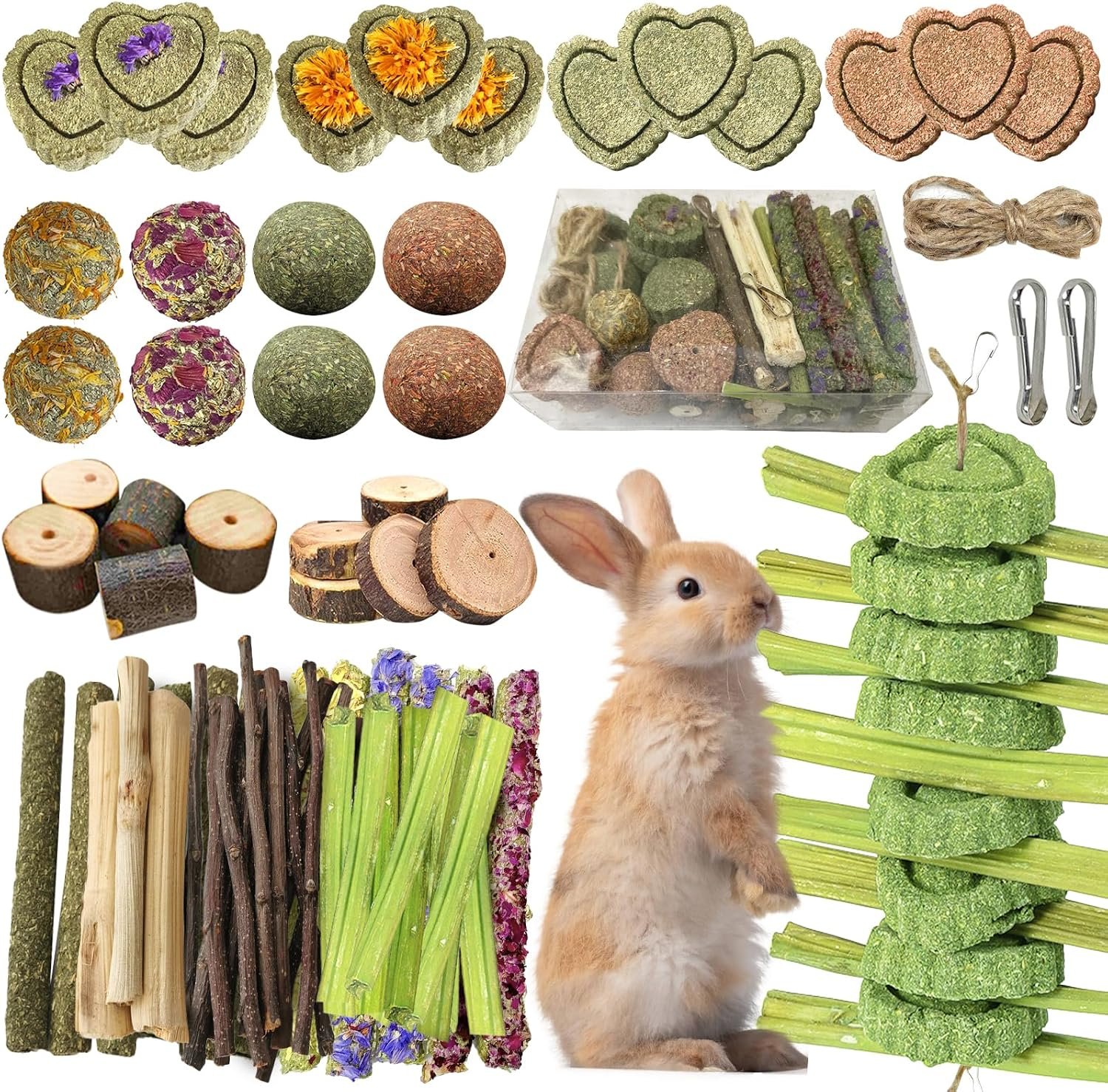 68pcs DIY Rabbit Chew Toys,Rabbit Toy for Bunnies Boredom | Hanging Rodent Dental Toy with Papaya Stems Sweet Bamboo Hamsters, Chinchillas, Guinea Pigs