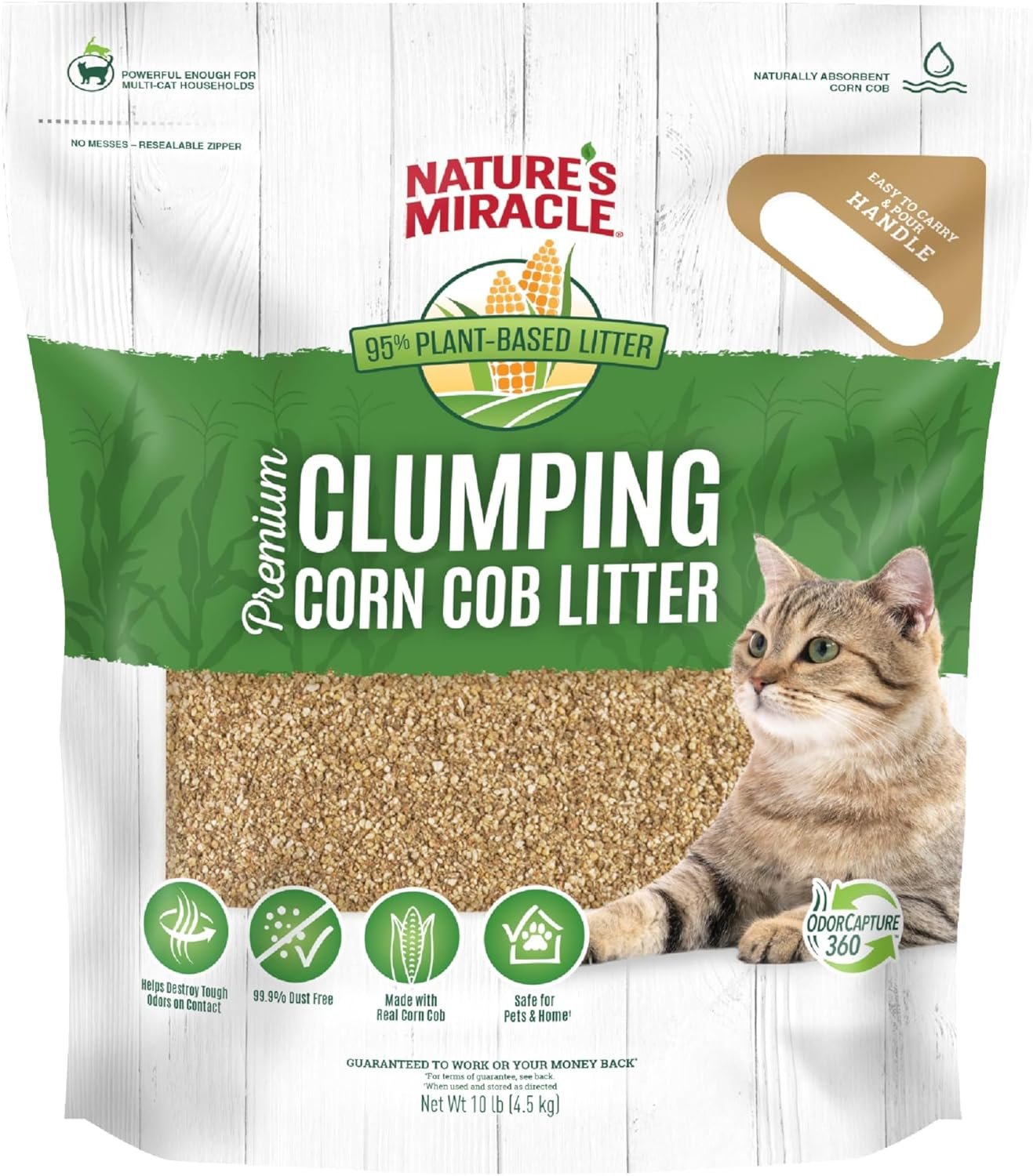 Nature’s Miracle Premium Clumping Corn Cob Cat Litter, 10 lbs | Bio-Enzymatic Formula Detroys Tough Odors, 99.9% Dust Free, Premium Clumping Formula Aborbs Liquid, Resealable Bag
