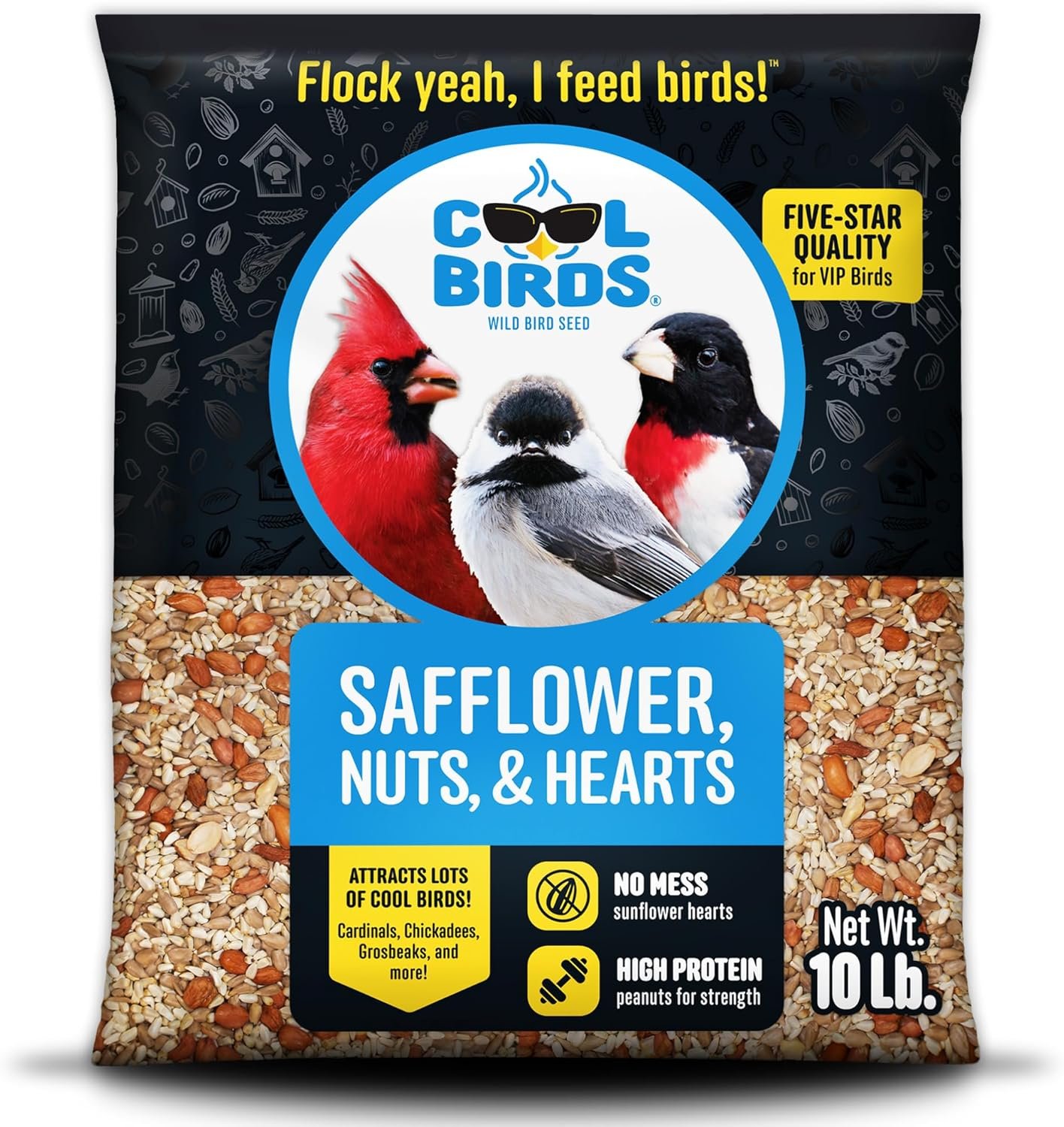 Cool Birds Safflower, Nuts & Hearts Wild Bird Seed, 10 lb | Gourmet Bird Food with Safflower, Sunflower Hearts & Peanuts. No Corn, Milo or Millet, No Waste Bird Food for Outside Feeders