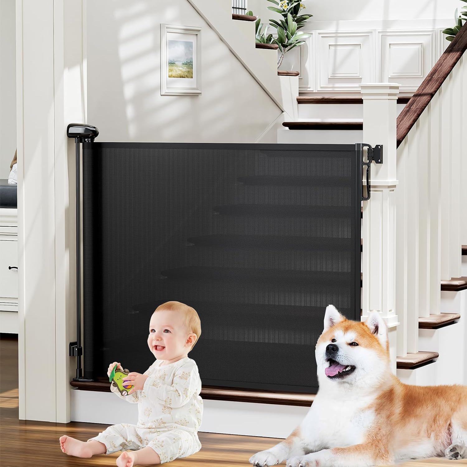 PRObebi Retractable Baby Gates for Stairs, Dog Gates Extend to 54″ Wide 34″ Tall, Black