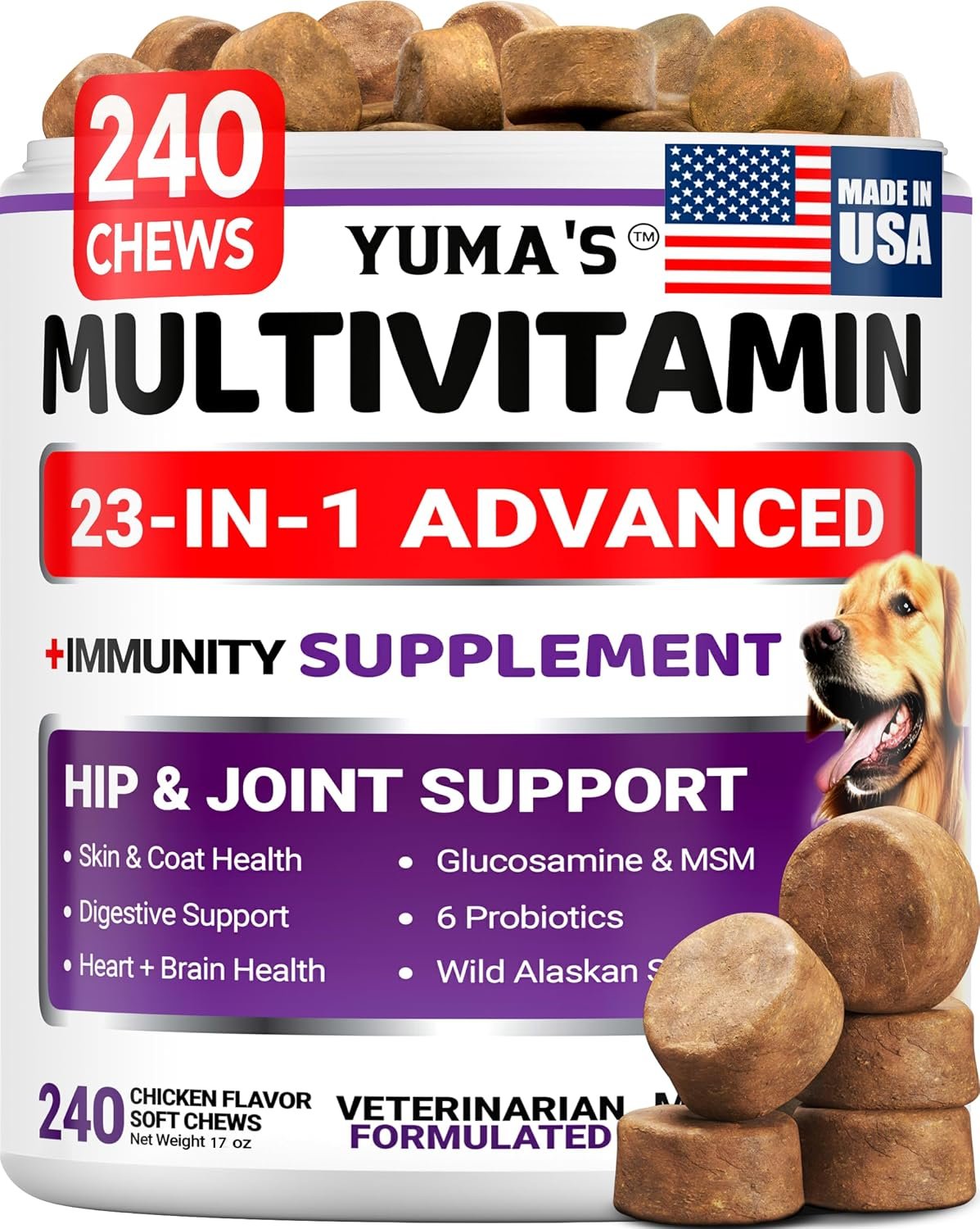 Dog Multivitamin Chewable with Glucosamine – 240 Treats – Dog Vitamins and Supplements – Senior & Puppy Multivitamin for Dogs – Hip & Joint Support – Immune Health, Skin, Heart, Digestion, Probiotics