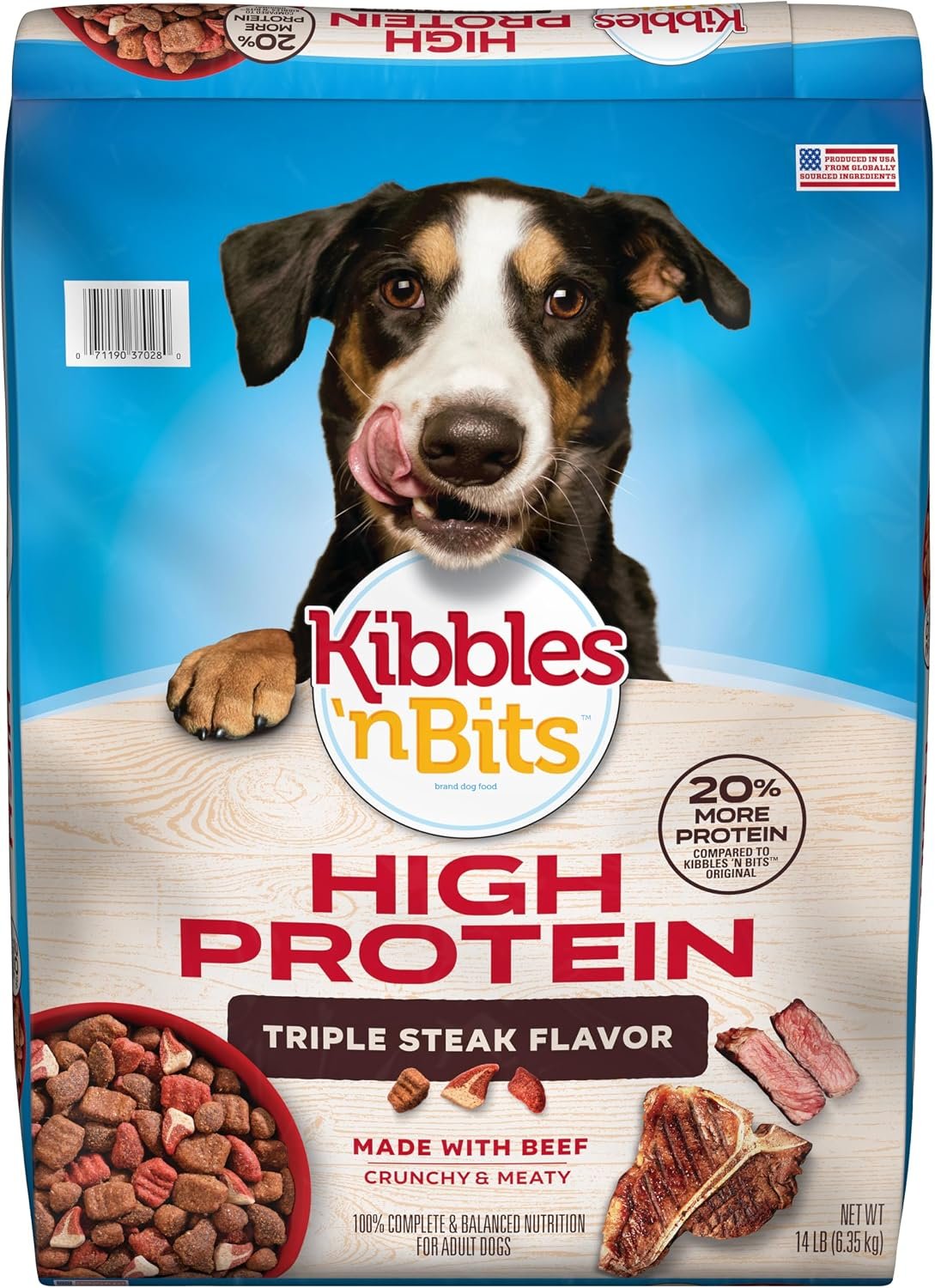 Kibbles ‘n Bits Triple Steak Flavor Dry High Protein Dog Food, 14 lb. Bag | 20% More Protein, Complete & Balanced Nutrition Formulated For Adult Dogs With Crunchy Kibbles And Meaty Bits