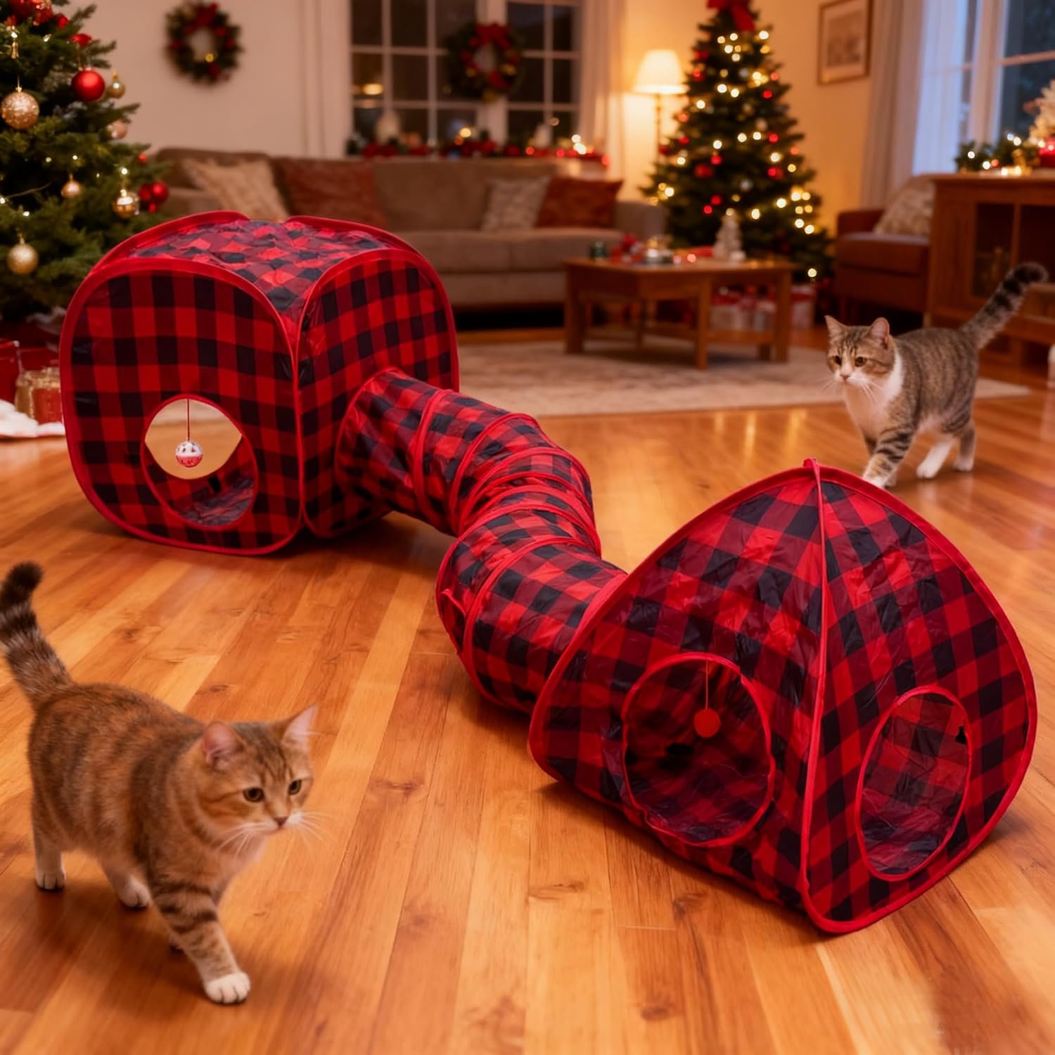 Cat Tunnels for Indoor Cats with Cube Tent Toys Combo, Interactive Collapsible Tent for Hiding Hunting and Resting, Pet Tube with Toy Bell for Kitten, Rabbit, Puppy, Ferret – Set of 3