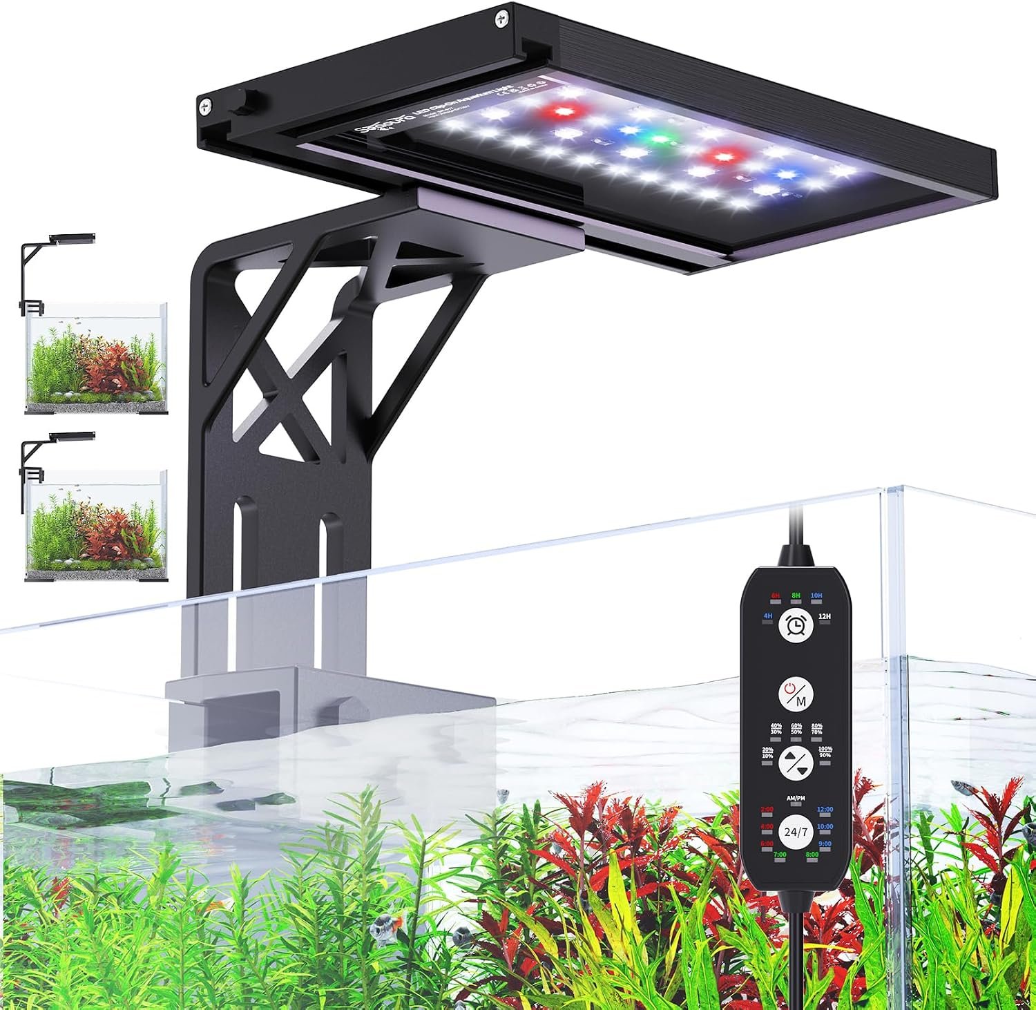 SEAOURA Clip On Aquarium Light for Plants-24/7 Fish Tank Light, 7-12 Inch | Led Aquarium Plant Light with Timer, Full Spectrum+7 Colors Mode, Auto On/Off, Adjustable Brightness and Height, 12W