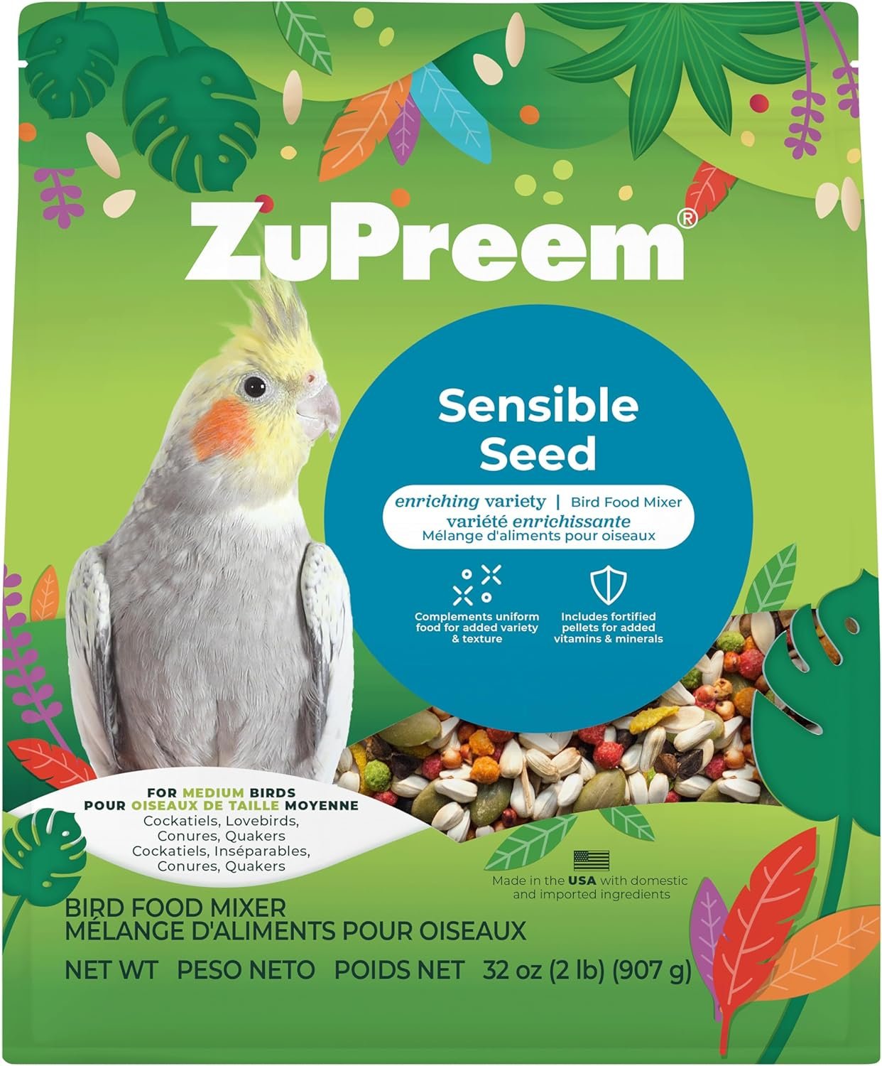 ZuPreem Sensible Seed Cockatiel & Conure Food, Variety Mixer, Medium, 2 lb | Bird Food Mixer, Cockatiel Food, Conures, Lovebirds, Quakers, Pellet Mix, Pumpkin Seeds, Safflower, Smart Pellet, Made in USA