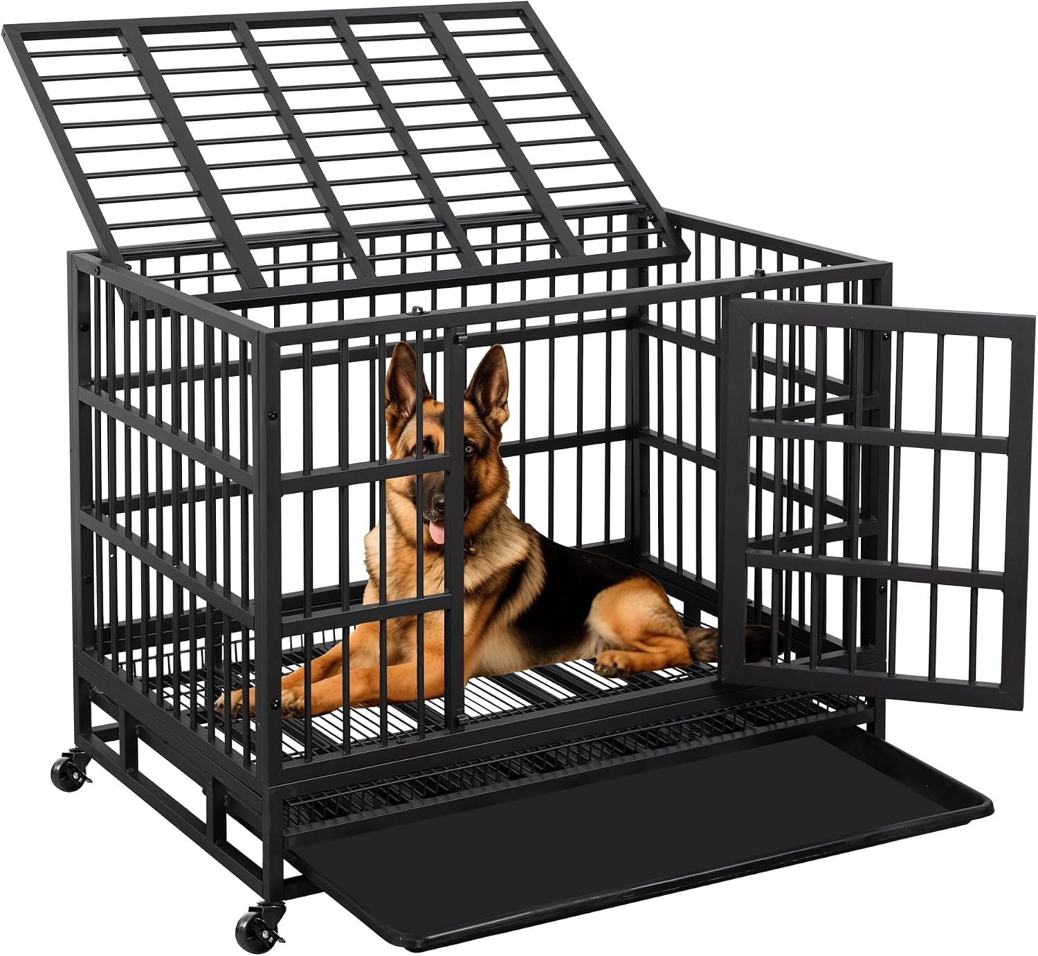 JY QAQA Heavy Duty Dog Crate, 38 Inch Indestructible Metal Kennel with Double Doors, Escape Proof Cage for Large Dogs with Removable Tray & Lockable Wheels