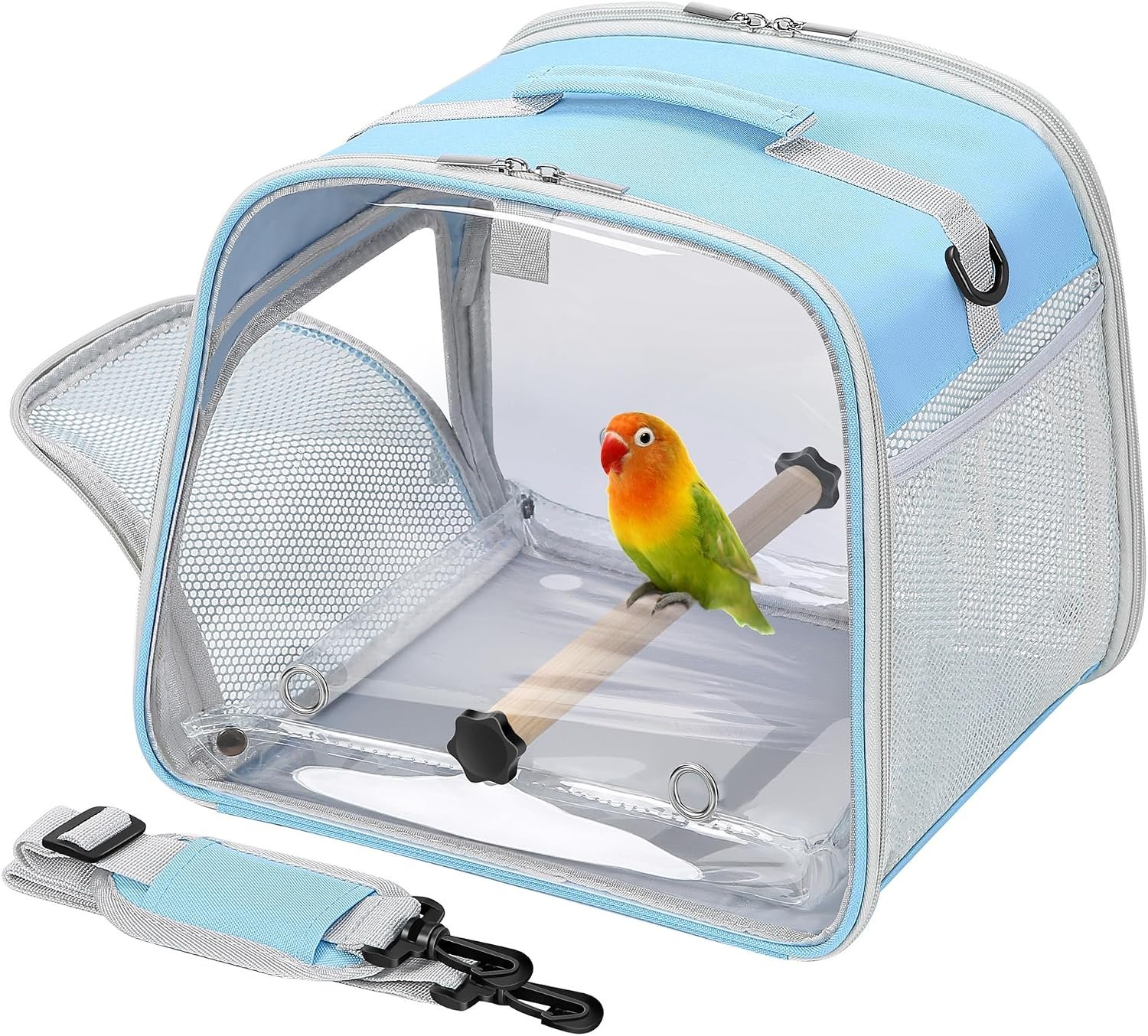 Small Bird Carrier, Large Window Travel Cage with Stand and Easy Clean Tray for Parrot Parakeet Cockatiels, Lightweight and Portable, Blue